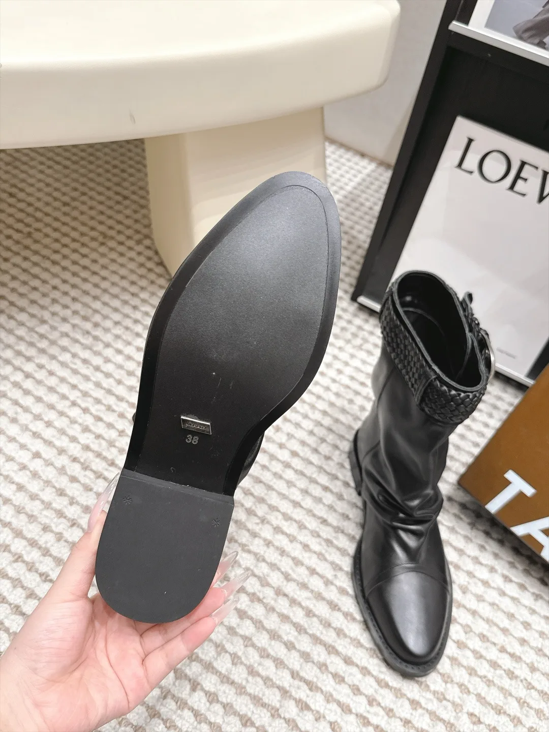 Loewe Woven Glossy Pointed-Toe Buckle Boots in Black · view 8