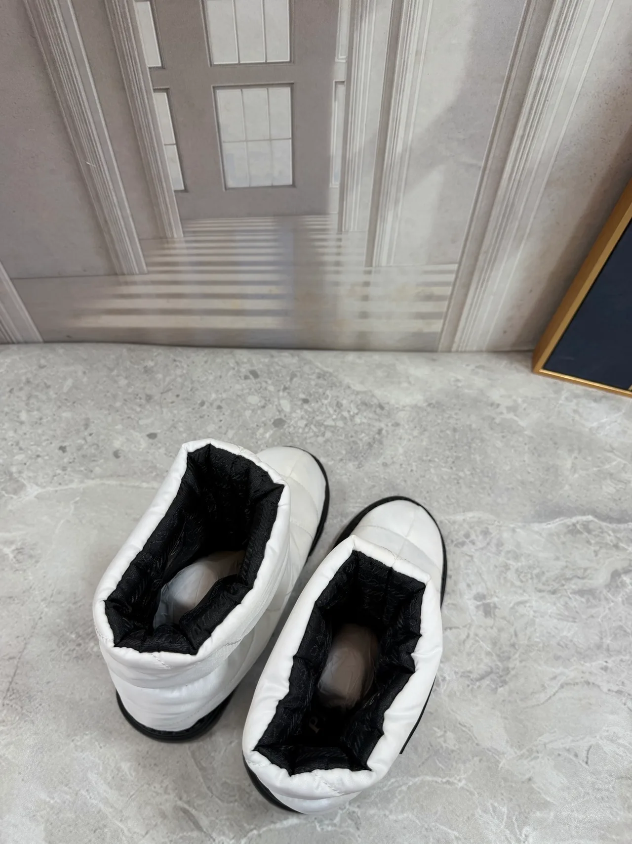 Prada Quilted Glossy Puffer Boots in White · view 2