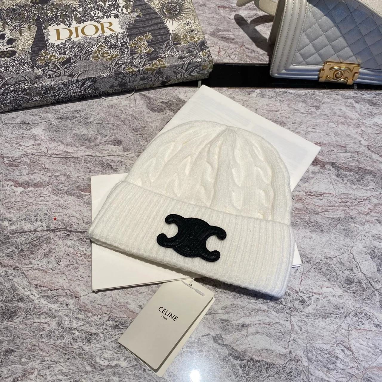 Celine Cable-Knit Triomphe Beanie in Pink & Black & White & Grey & Tan & Blue & Burgundy · view 4