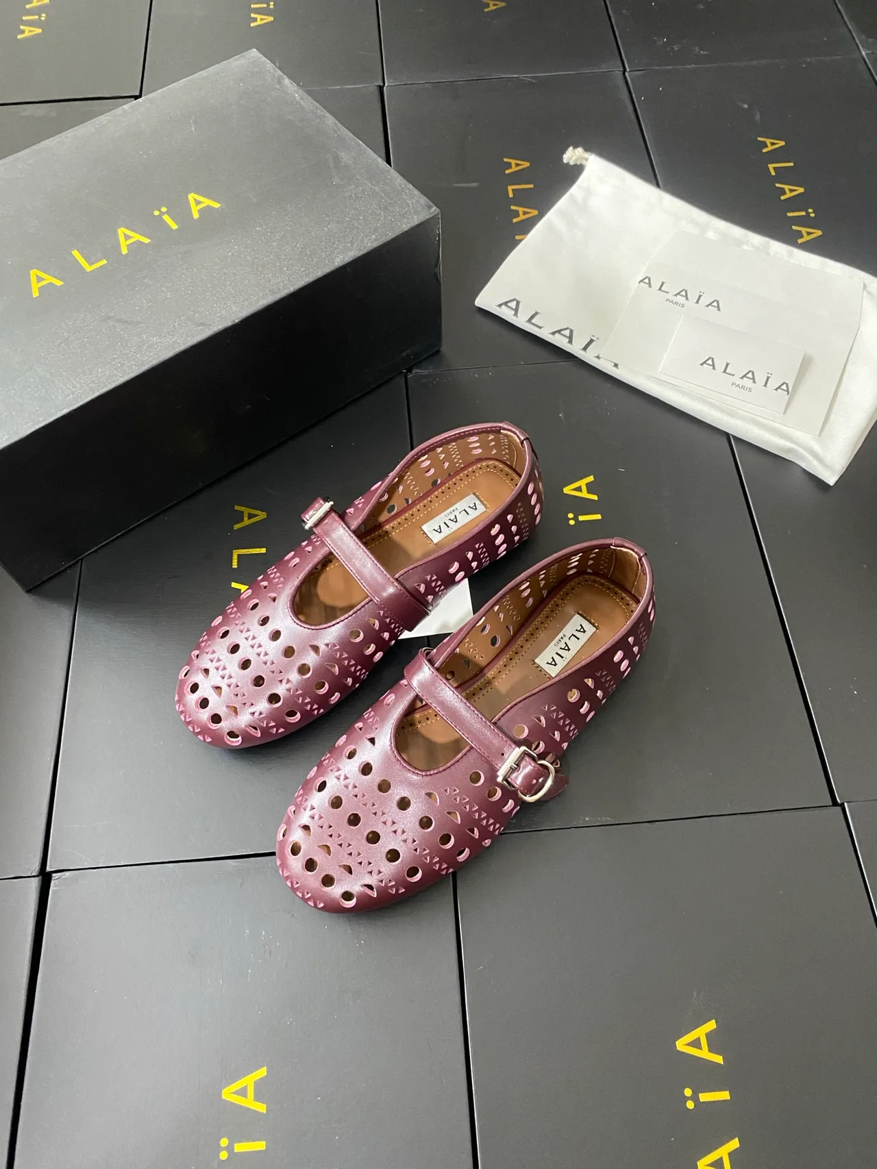 Alaia Cowhide Sheepskin Smooth Buckle Ballet Flats in Pink · view 3