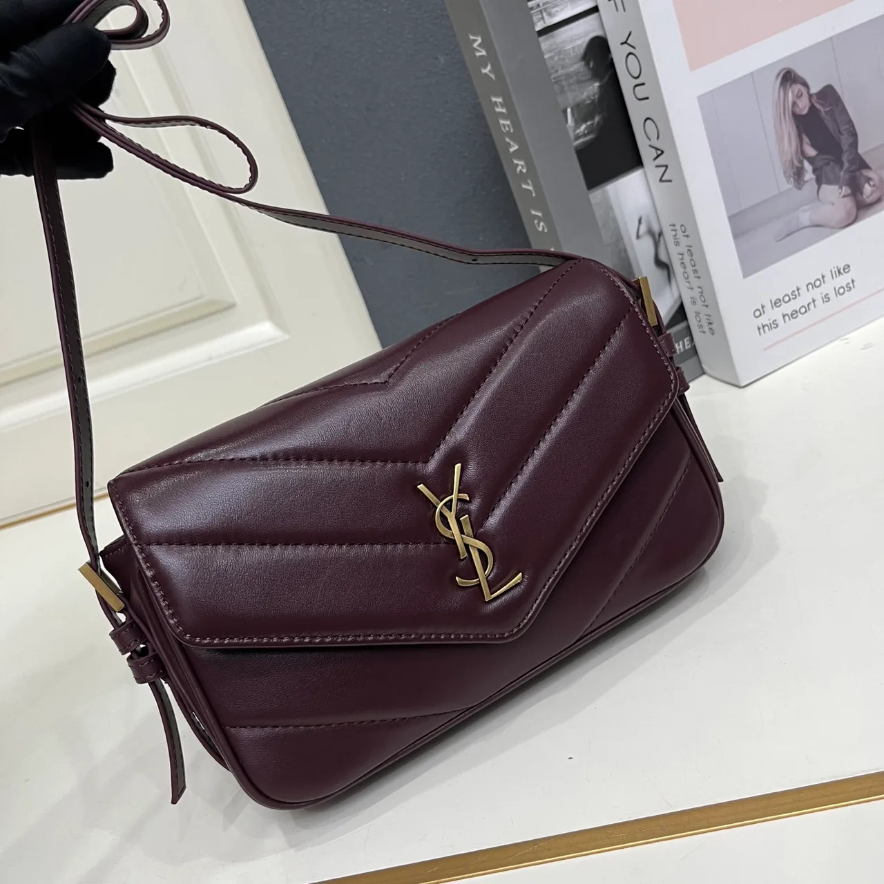 Saint Laurent Sheepskin Quilted Glossy Crossbody Bag in Burgundy · view 3