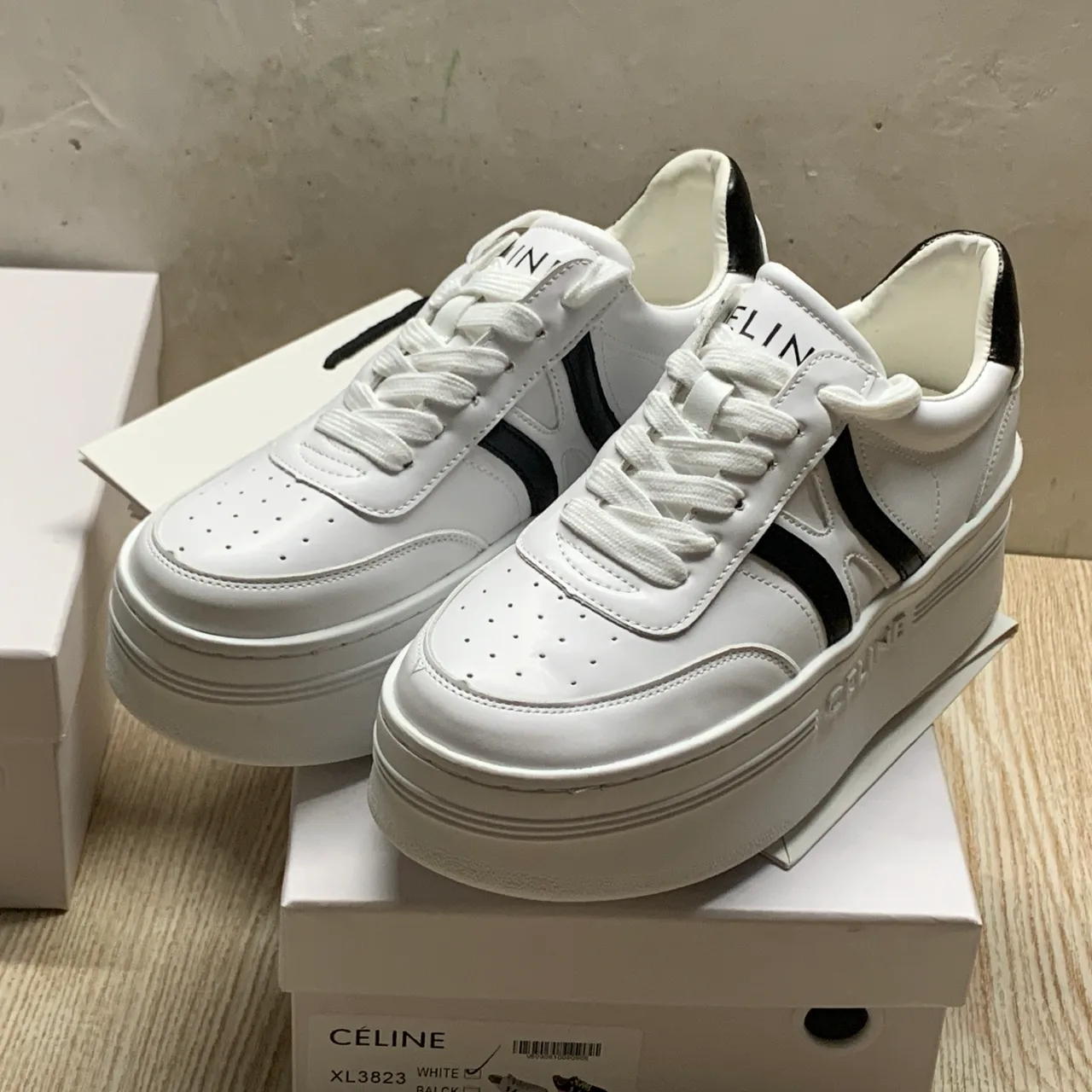 Celine Striped Lace-Up Sneakers in White · view 4