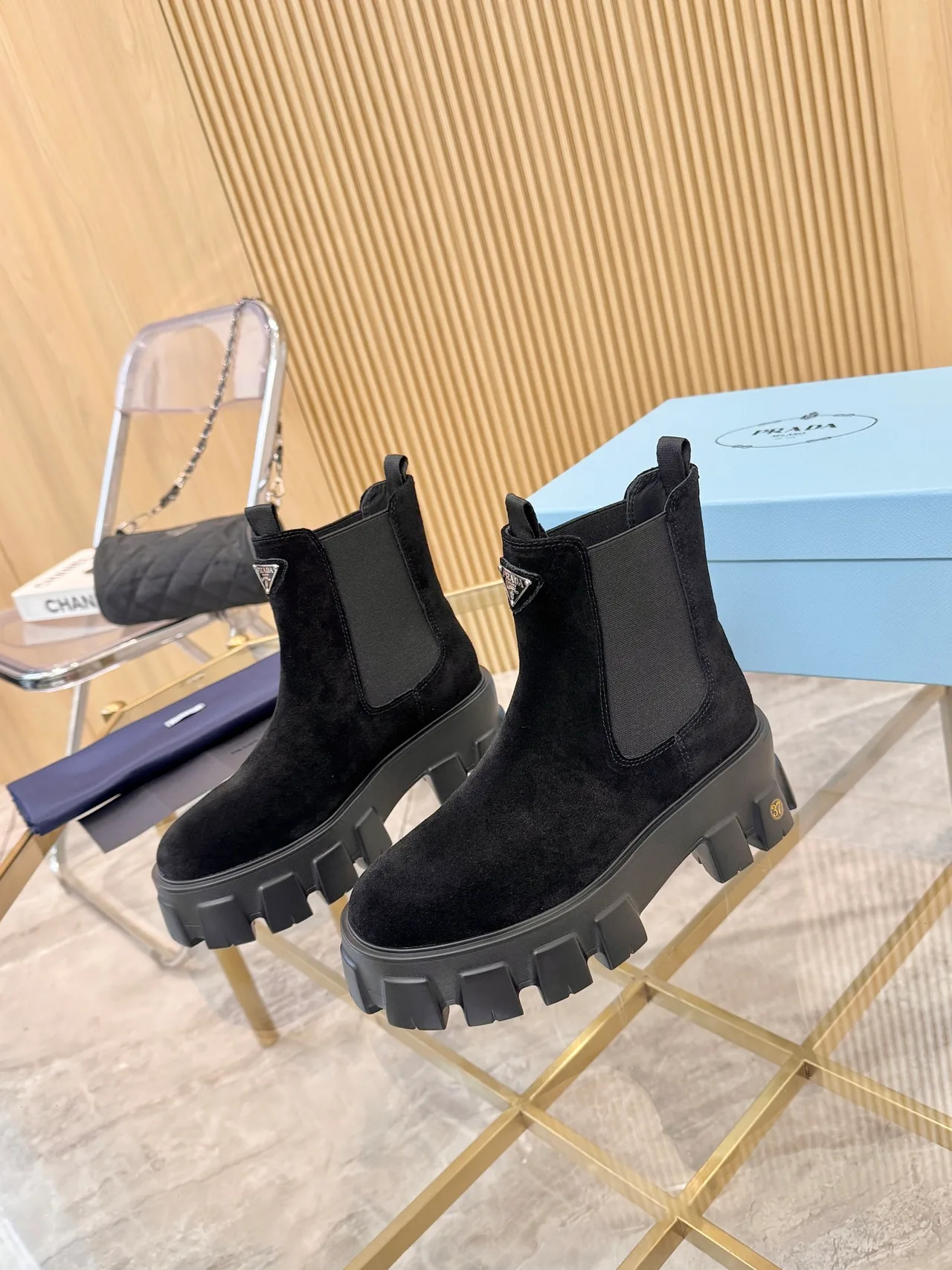Prada Glossy Ankle Boots in Black · view 1