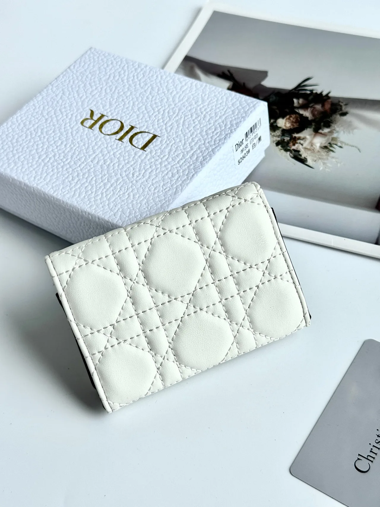 Dior Calfskin Quilted Wallet in White · view 3