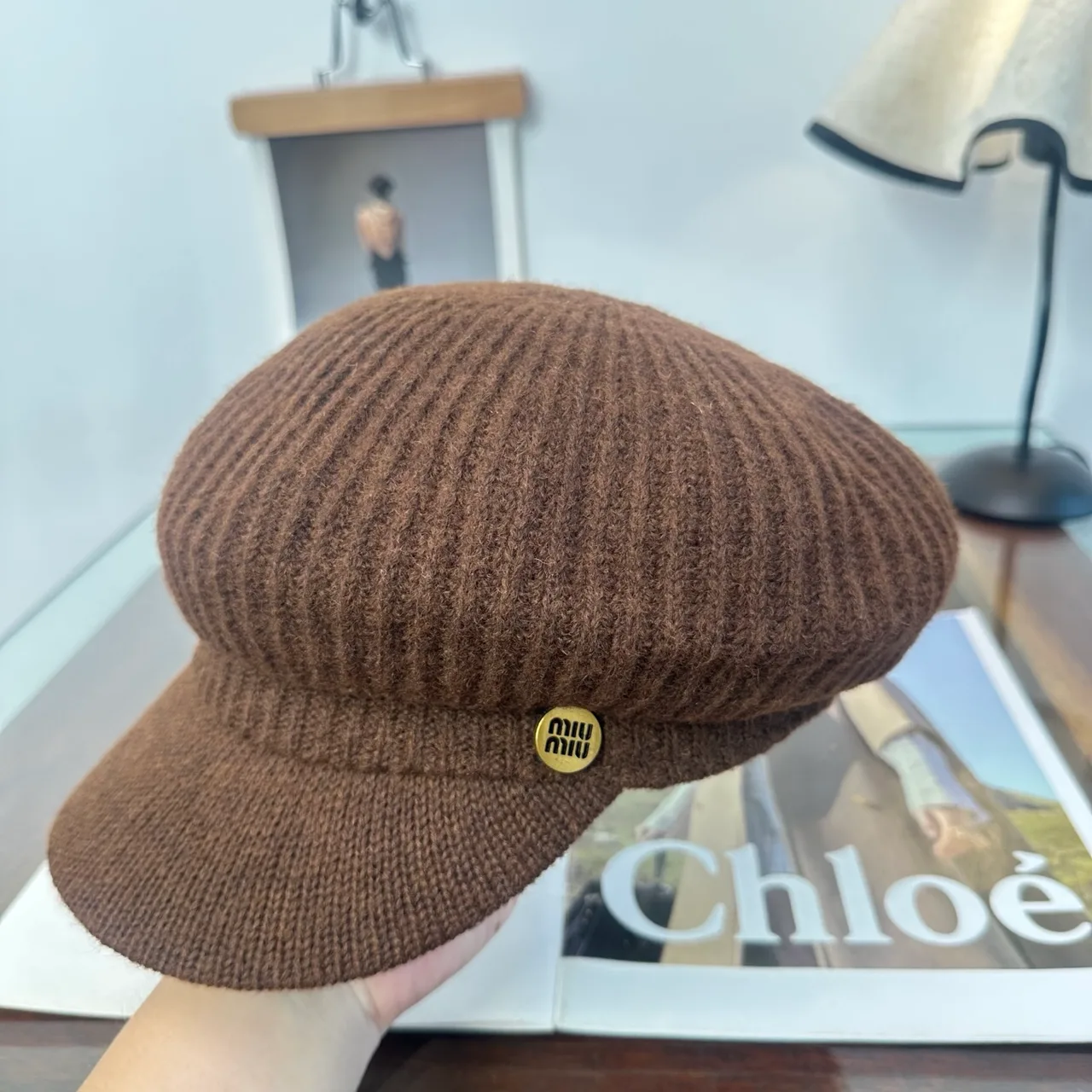 Miu Miu Ribbed Knit Brimmed Cap in Brown · view 6
