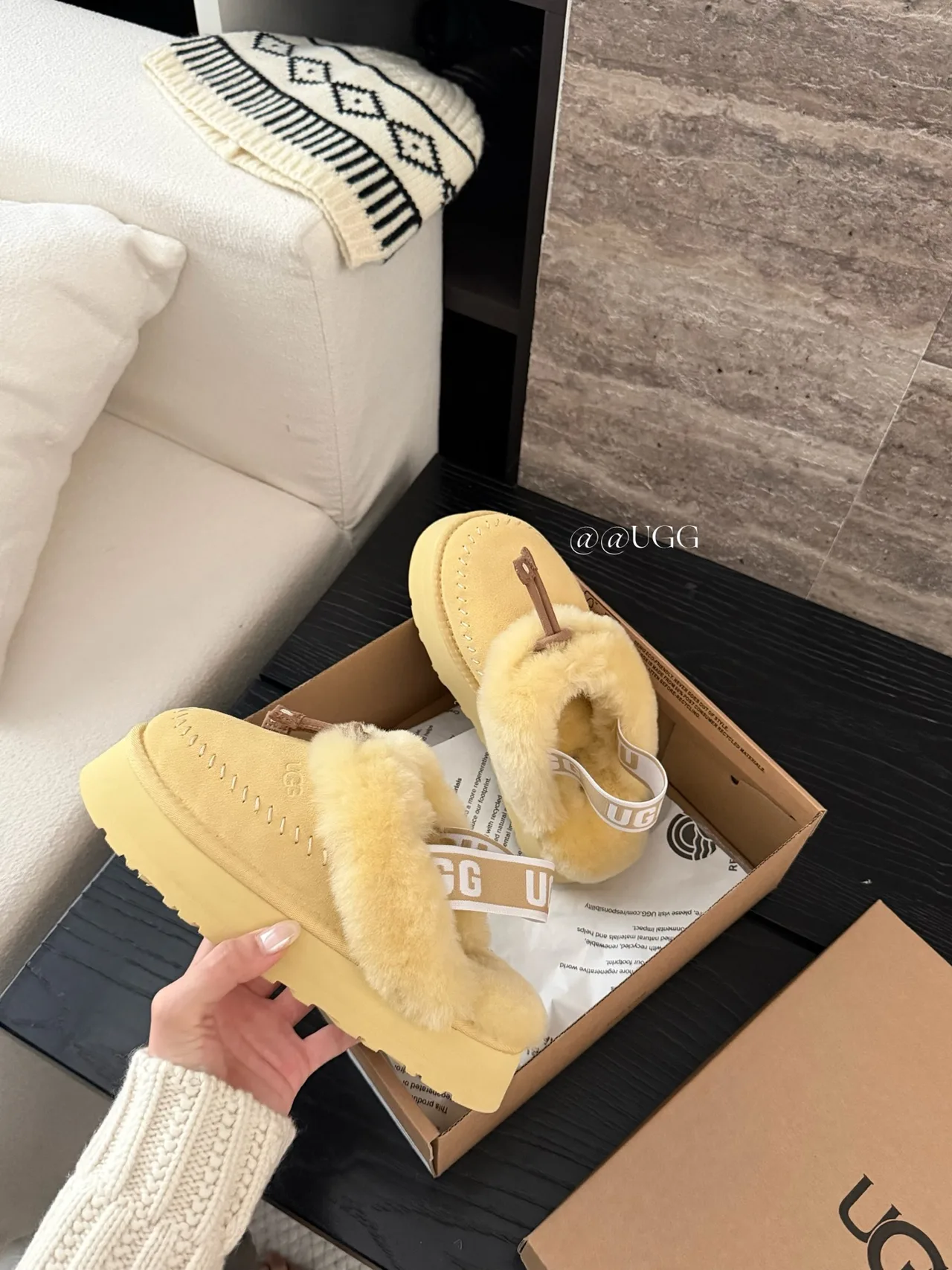 UGG Cowhide Wool Smooth Platform Fleece Slippers in Yellow · view 3