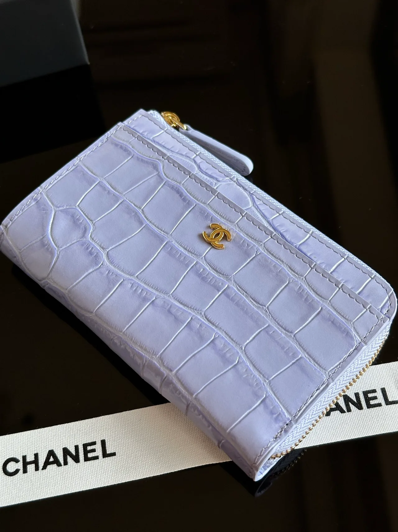 Chanel 26S CF Croc-Embossed Zip Card Holder in Purple · view 2