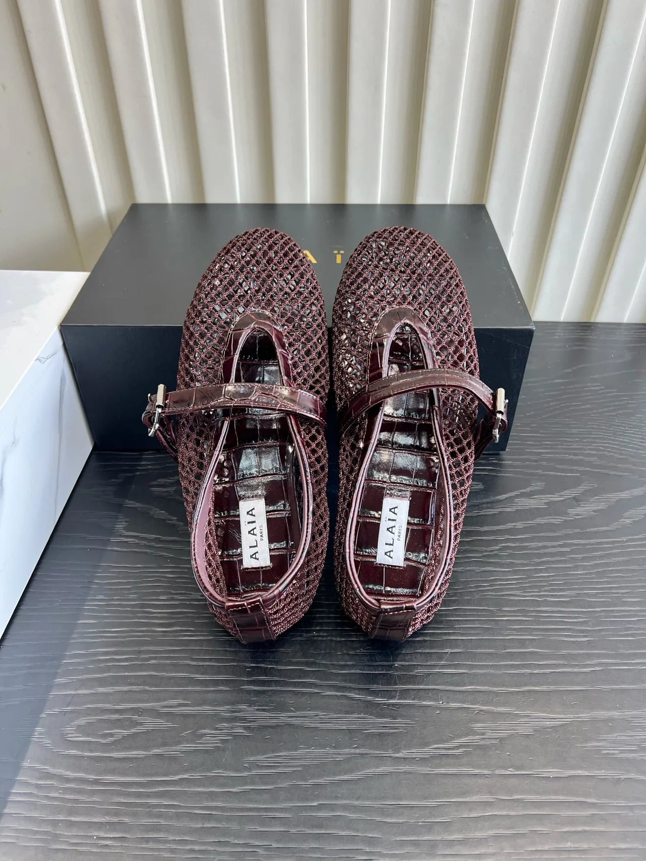 Alaia Sheepskin Mesh Mary Jane Flats in Burgundy · view 4