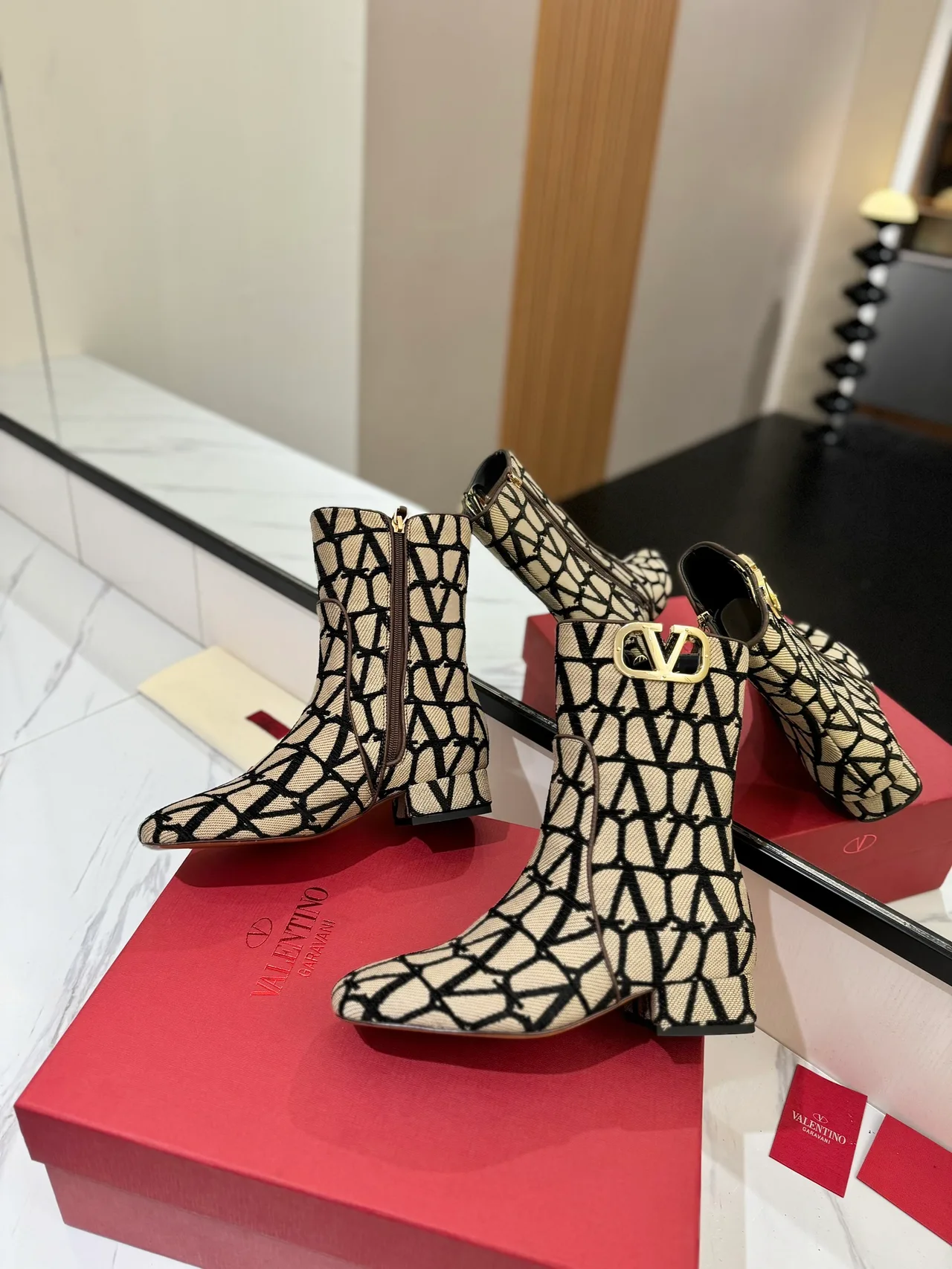 Valentino Wool Pointed-Toe VLOGO Ankle Boots in Beige · view 5