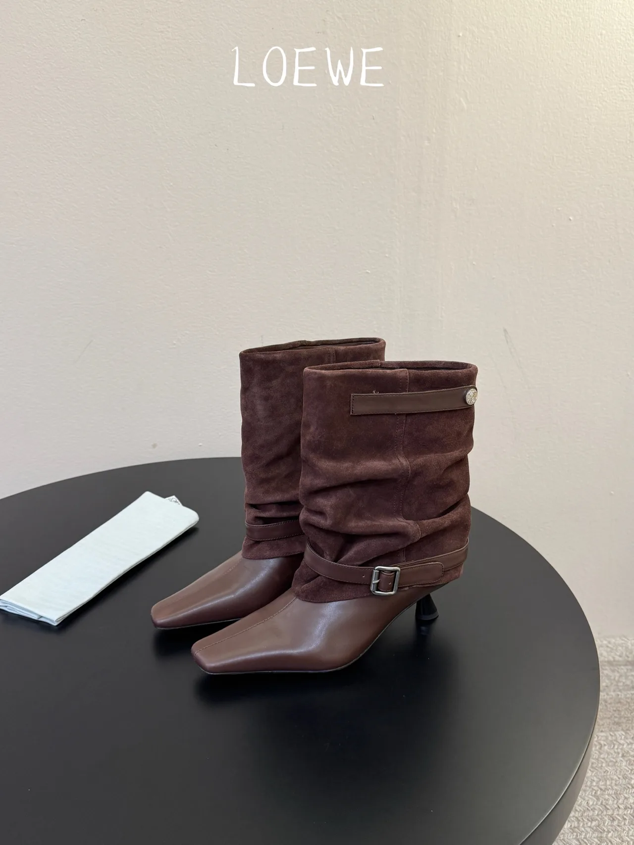 Loewe Cowhide Ribbed Suede-Look Square-Toe Buckle Ankle Boots in Brown · view 5