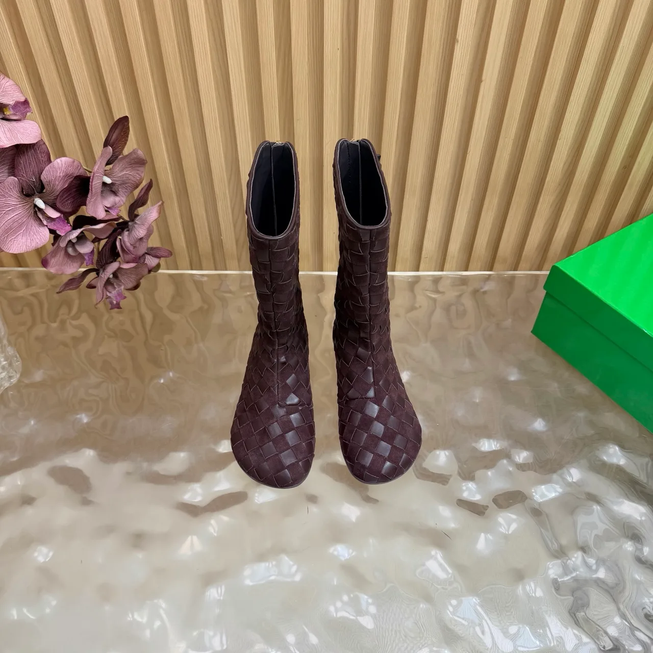 Bottega Veneta Woven Glossy Pointed-Toe Ankle Boots in Brown · view 4