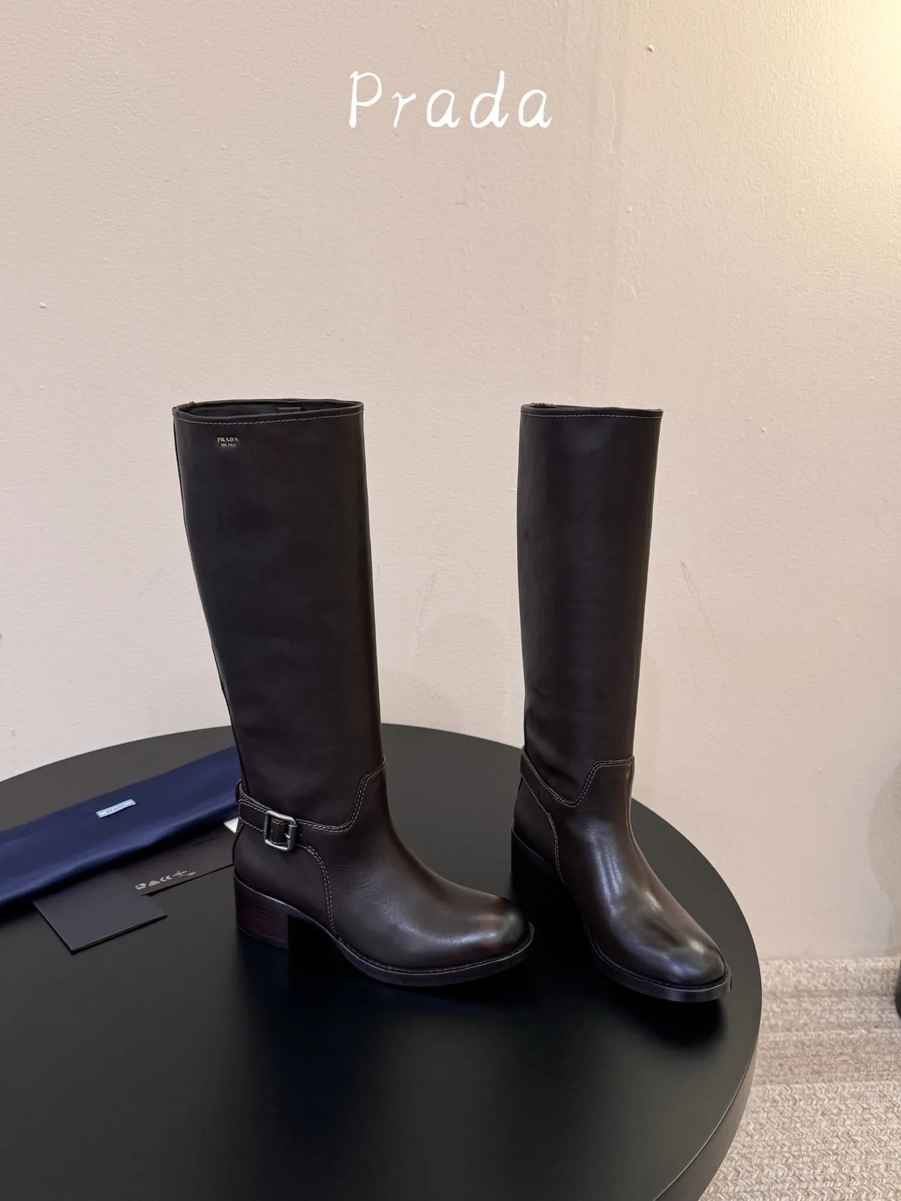 Prada Cowhide Glossy Pointed-Toe Buckle Knee-High Boots in Brown · view 4
