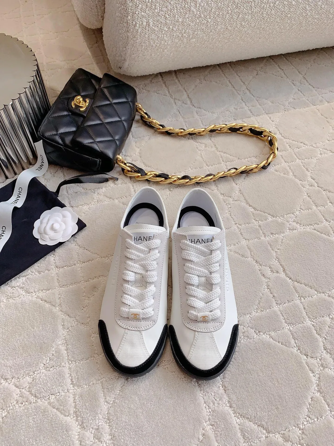Chanel Cowhide Glossy Sneakers in White · view 3