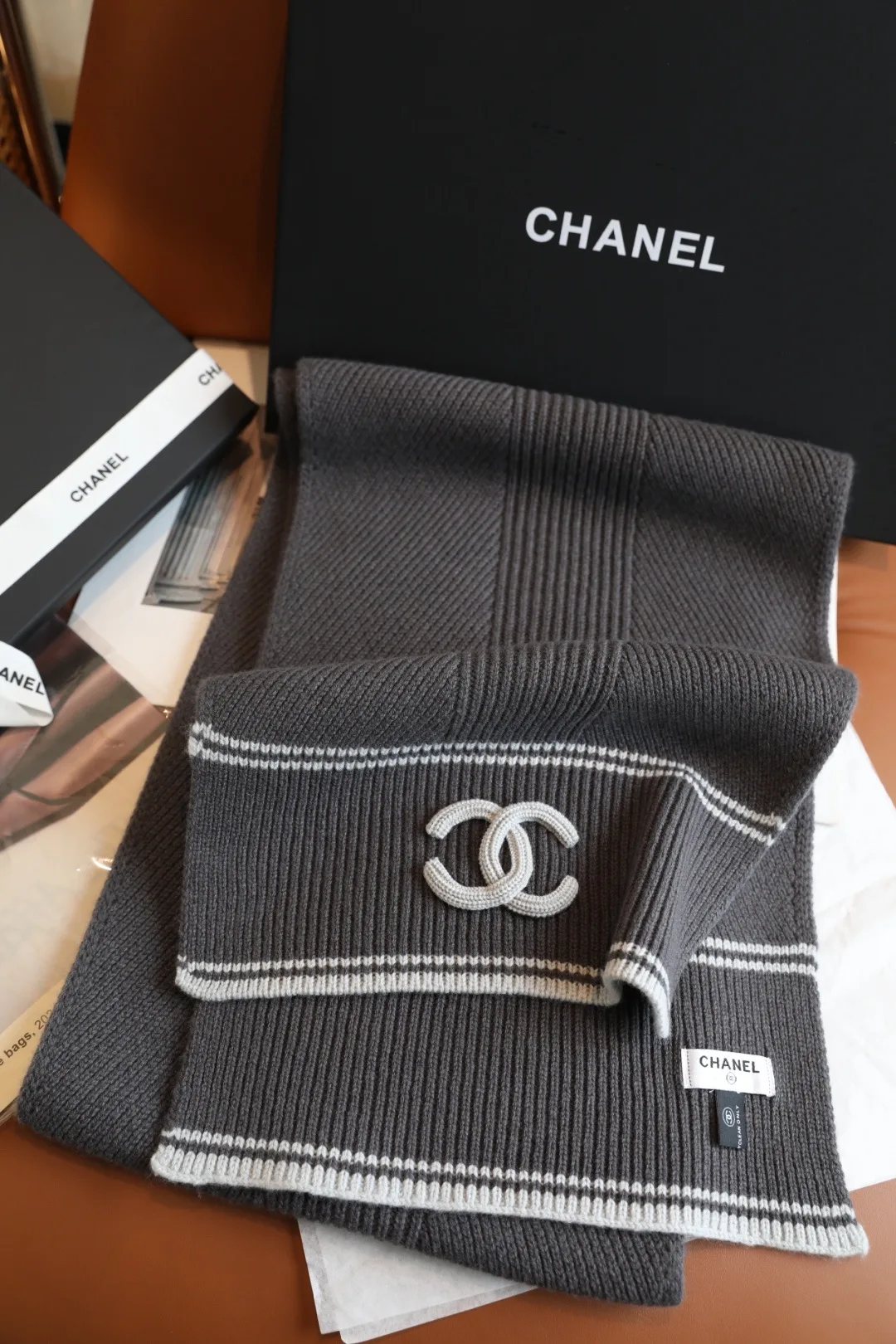 Chanel Wool Cashmere Striped Scarf in Grey · view 3