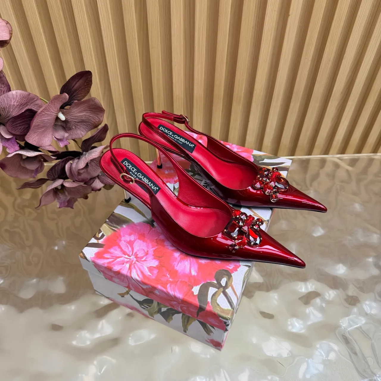 Dolce & Gabbana Patent Leather Embellished Slingback Pumps in Red · view 2