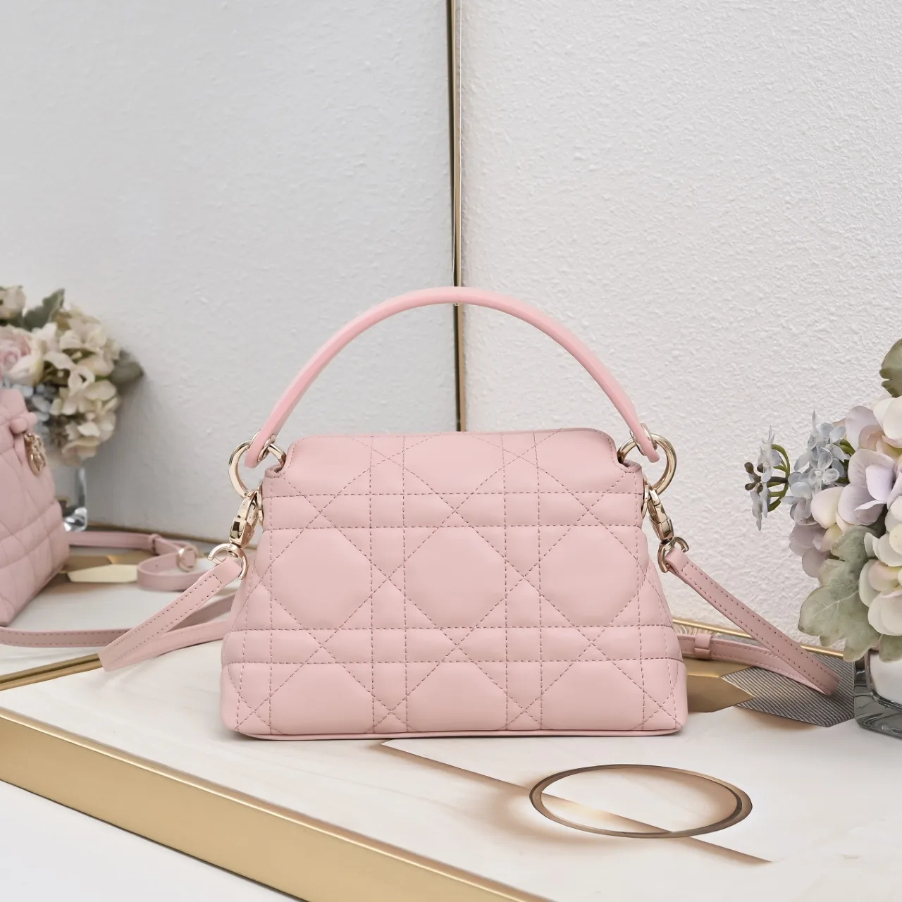 Dior Sheepskin Quilted Top-Handle Bag in Pink · view 3