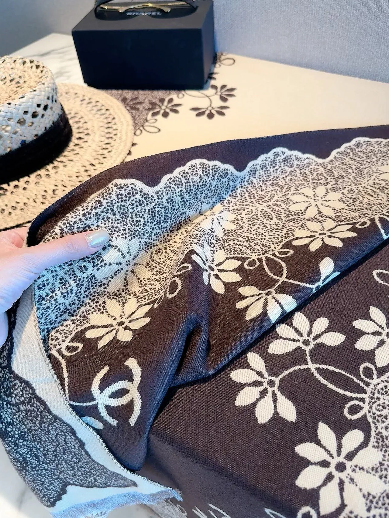 Chanel Camellia Border Shawl in Beige · view 8