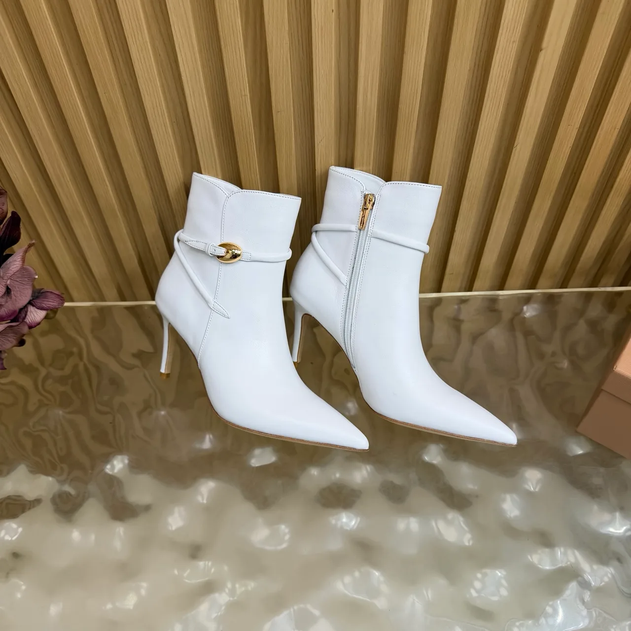 Bottega Veneta Glossy Pointed-Toe Buckle Ankle Boots in White · view 6
