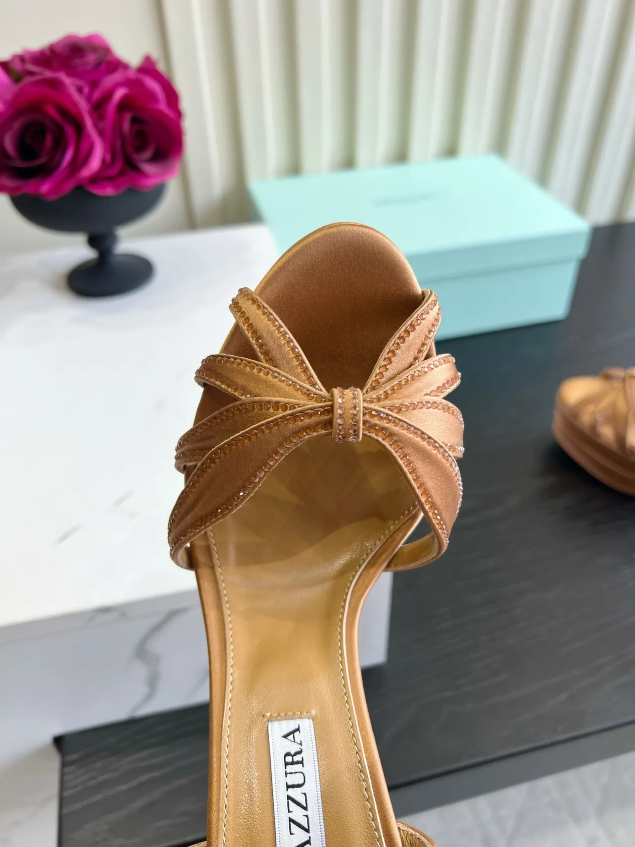 Aquazzura Silk Glossy Buckle Sandals in Tan · view 7
