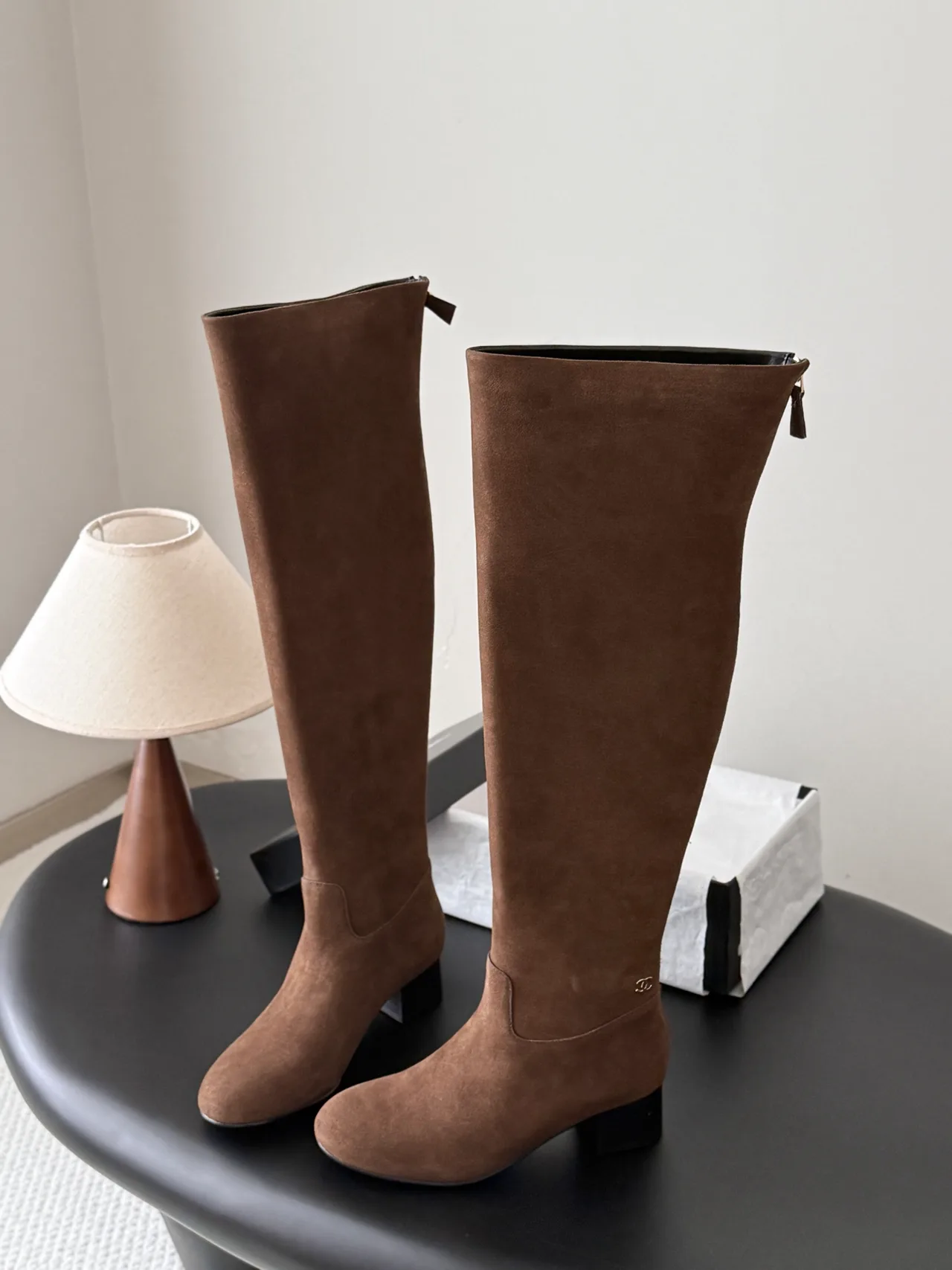 Chanel Sheepskin Glossy Suede-Look Pointed-Toe Knee-High Boots in Brown · view 5