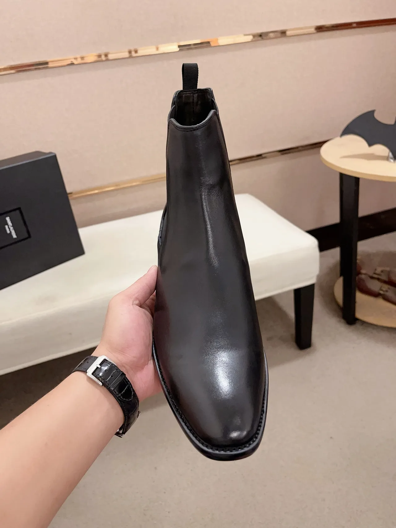 Saint Laurent Cowhide Glossy Pointed-Toe Chelsea Boots in Black · view 3