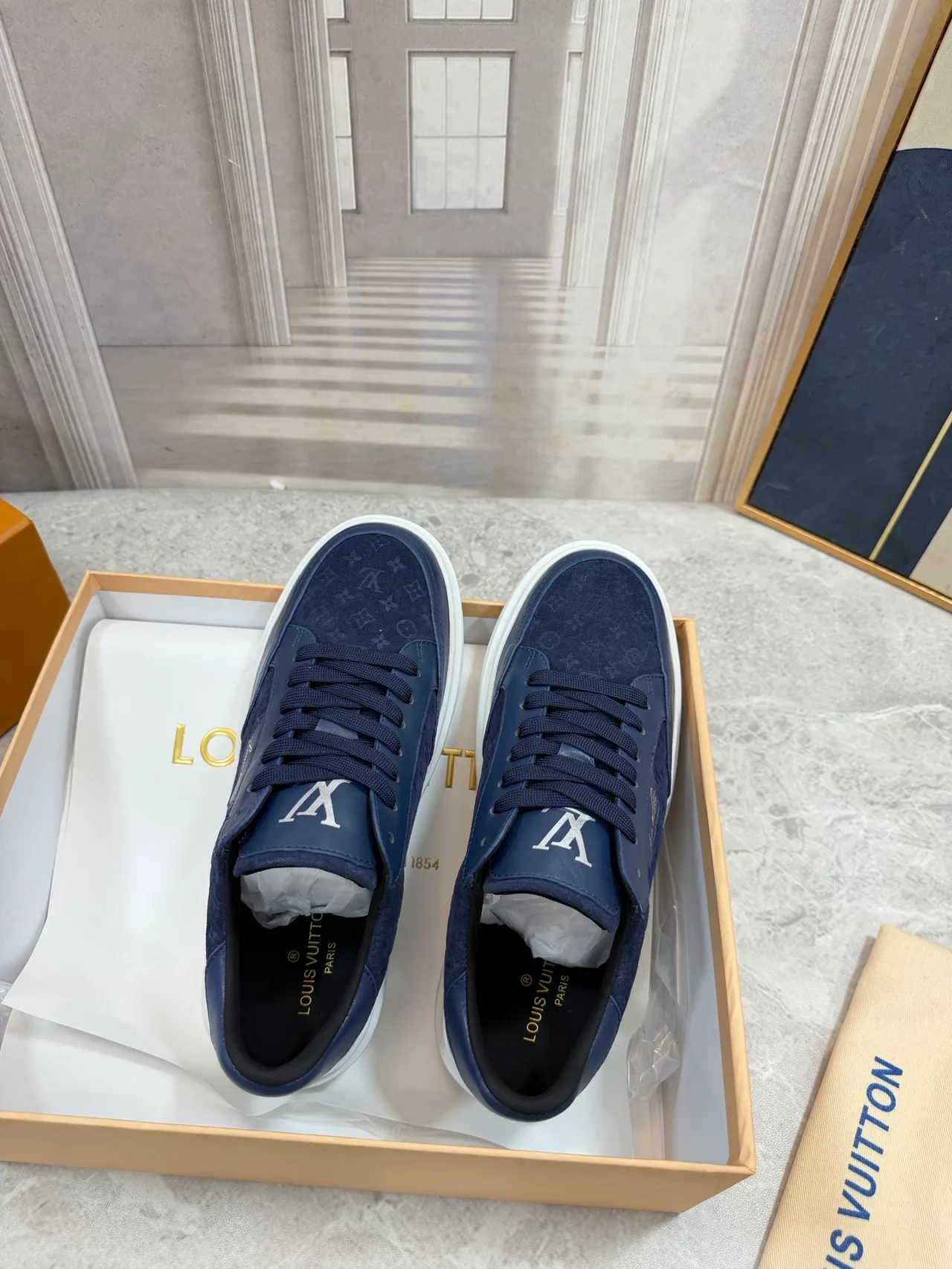 Louis Vuitton Calfskin Monogram Low-Top Sneakers in Blue · view 2
