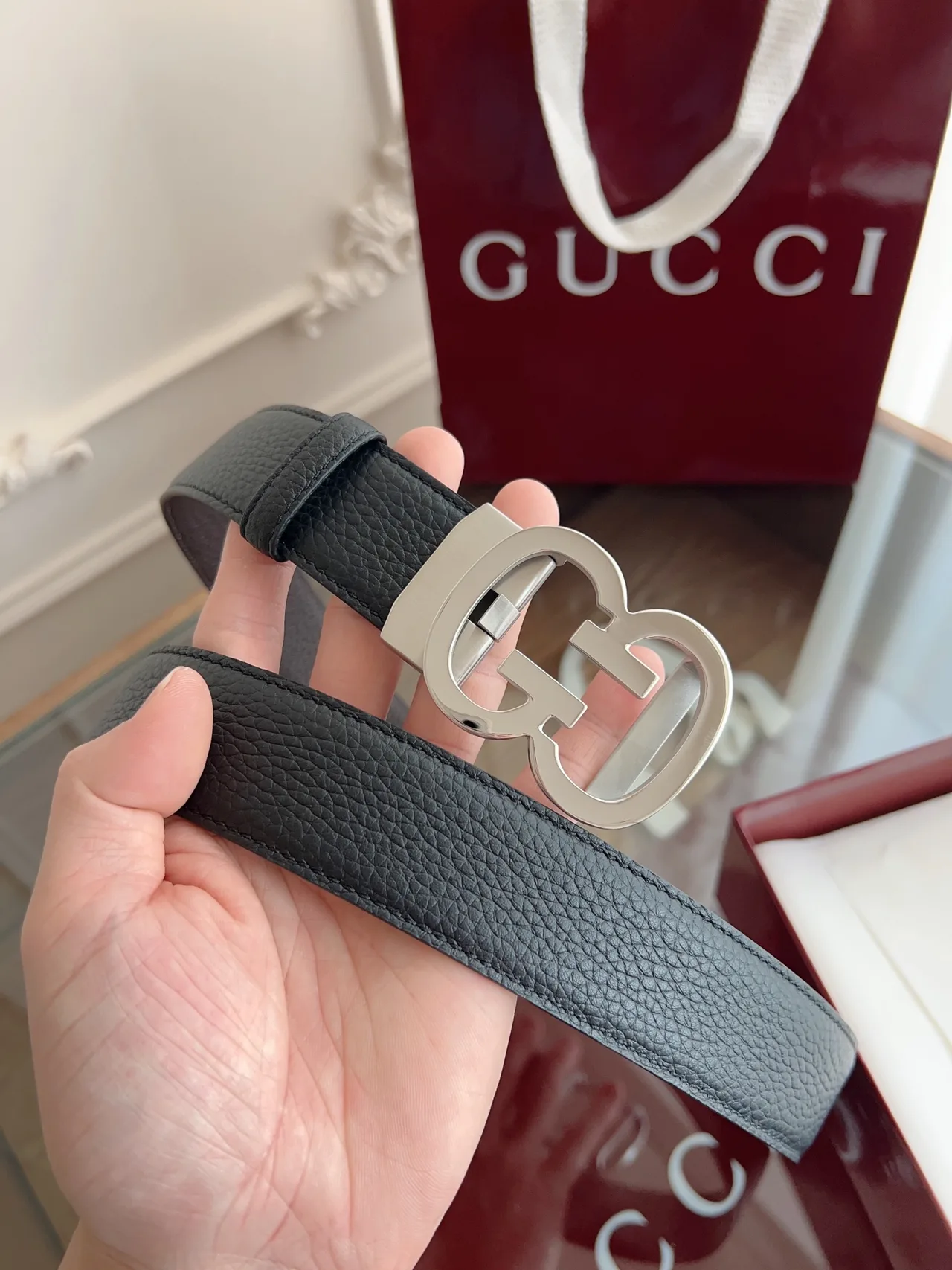 Gucci Cowhide GG Automatic Belt in Grey · view 3