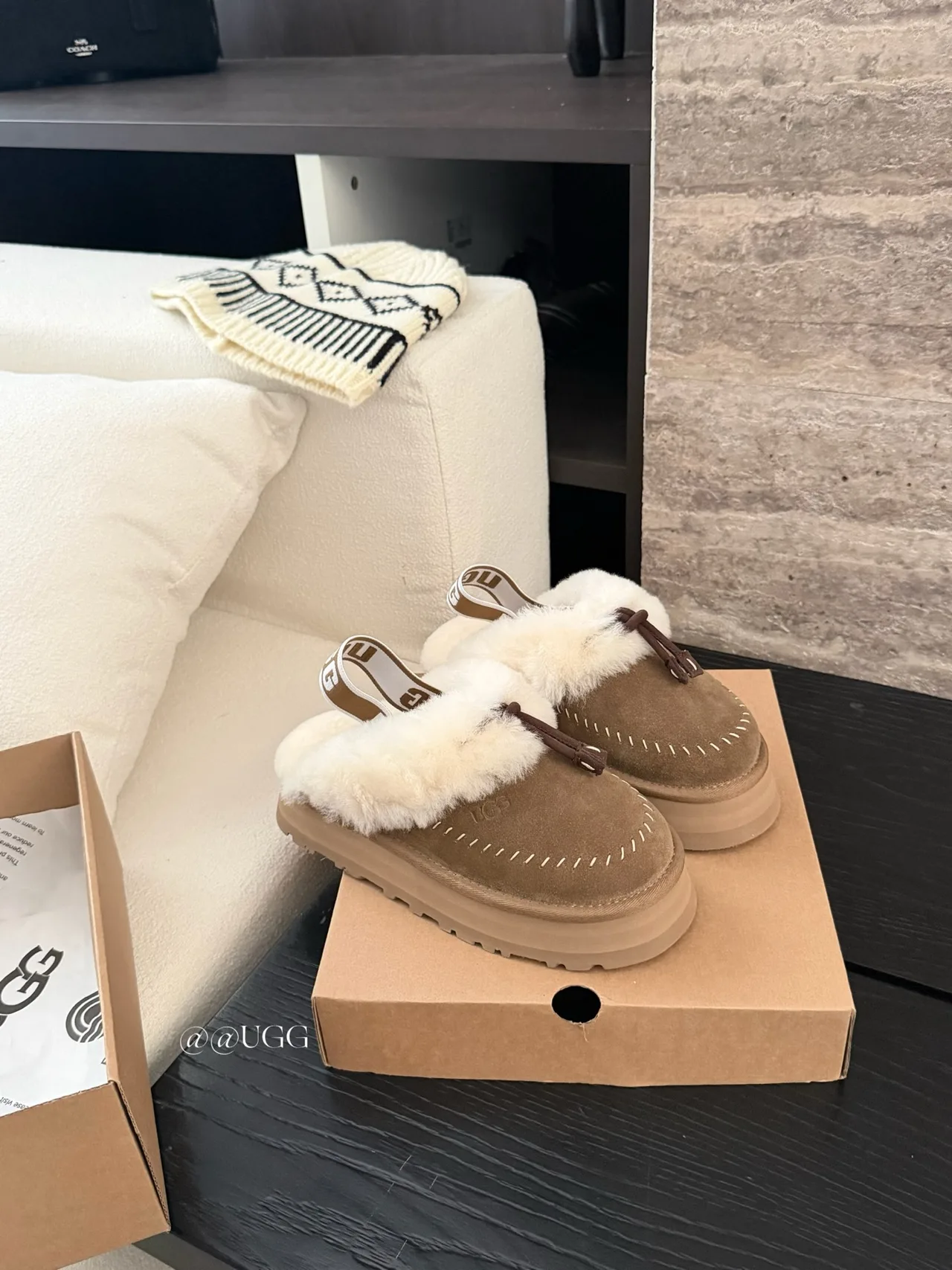 UGG Cowhide Wool Suede-Look Tassel Slippers in Brown · view 1