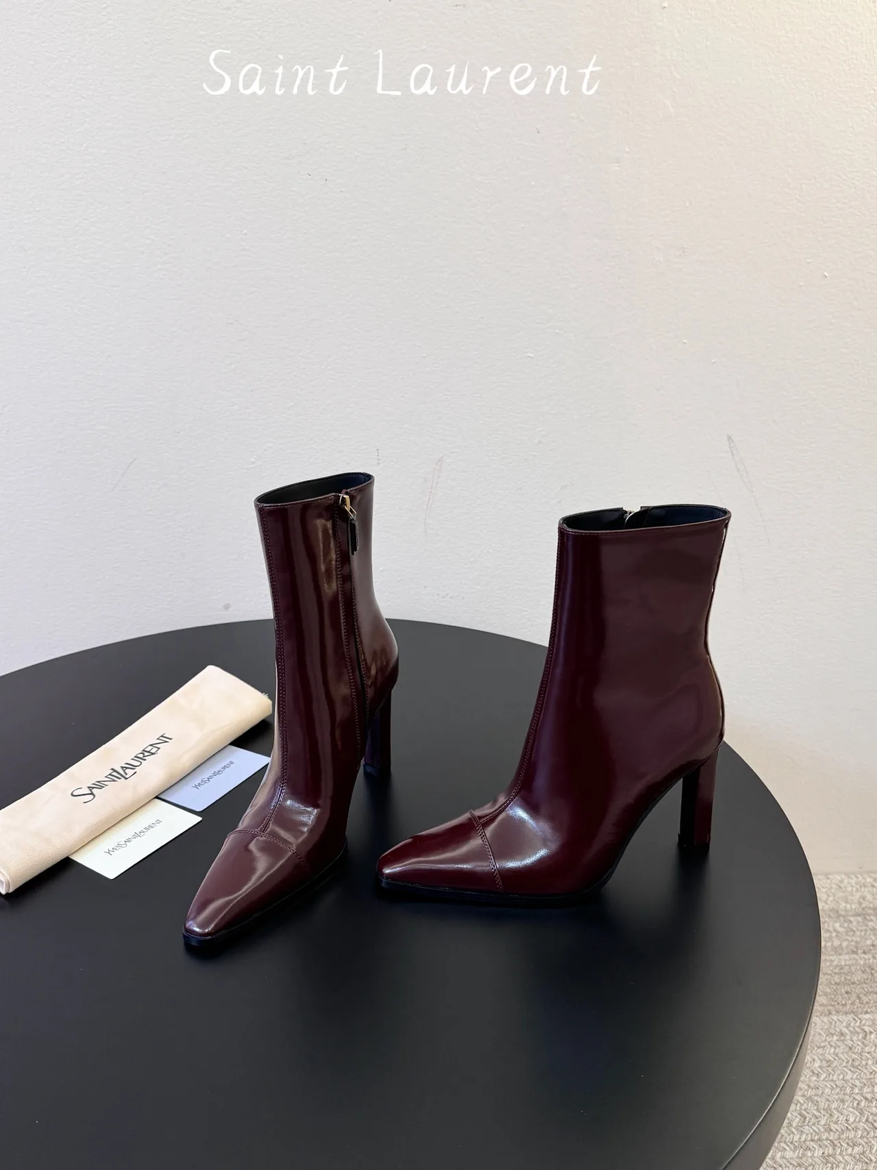 Saint Laurent Glossy Pointed-Toe Ankle Boots in Burgundy · view 3