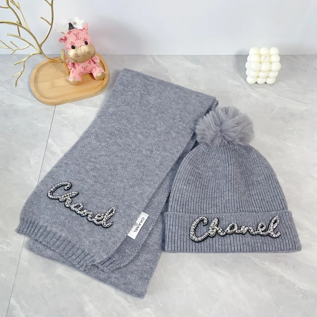 Chanel Wool Embroidered Beanie and Scarf Set in Grey · view 1