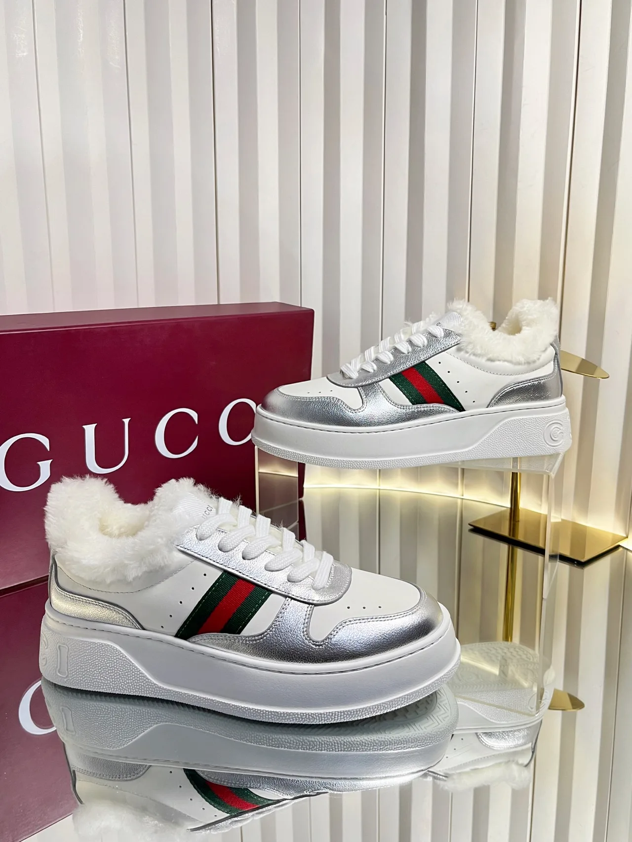 Gucci Wool Striped Lined Sneakers in White · view 6