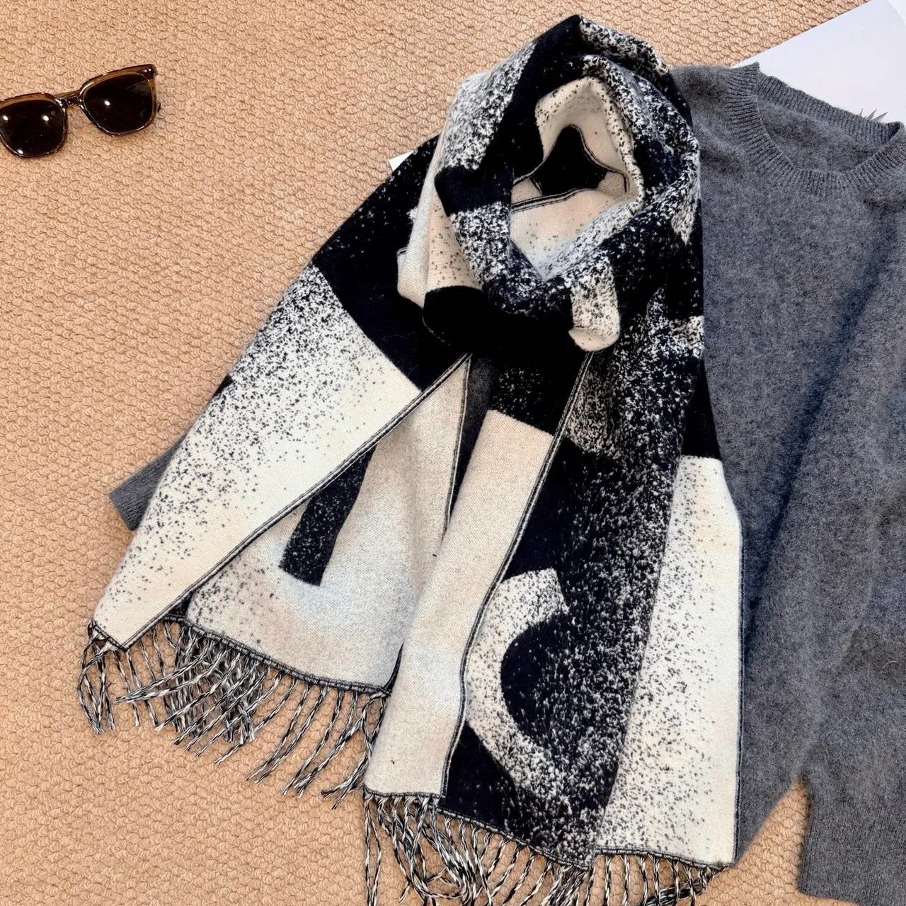 Chanel Cashmere Large Letter Fringed Scarf in Black · view 8