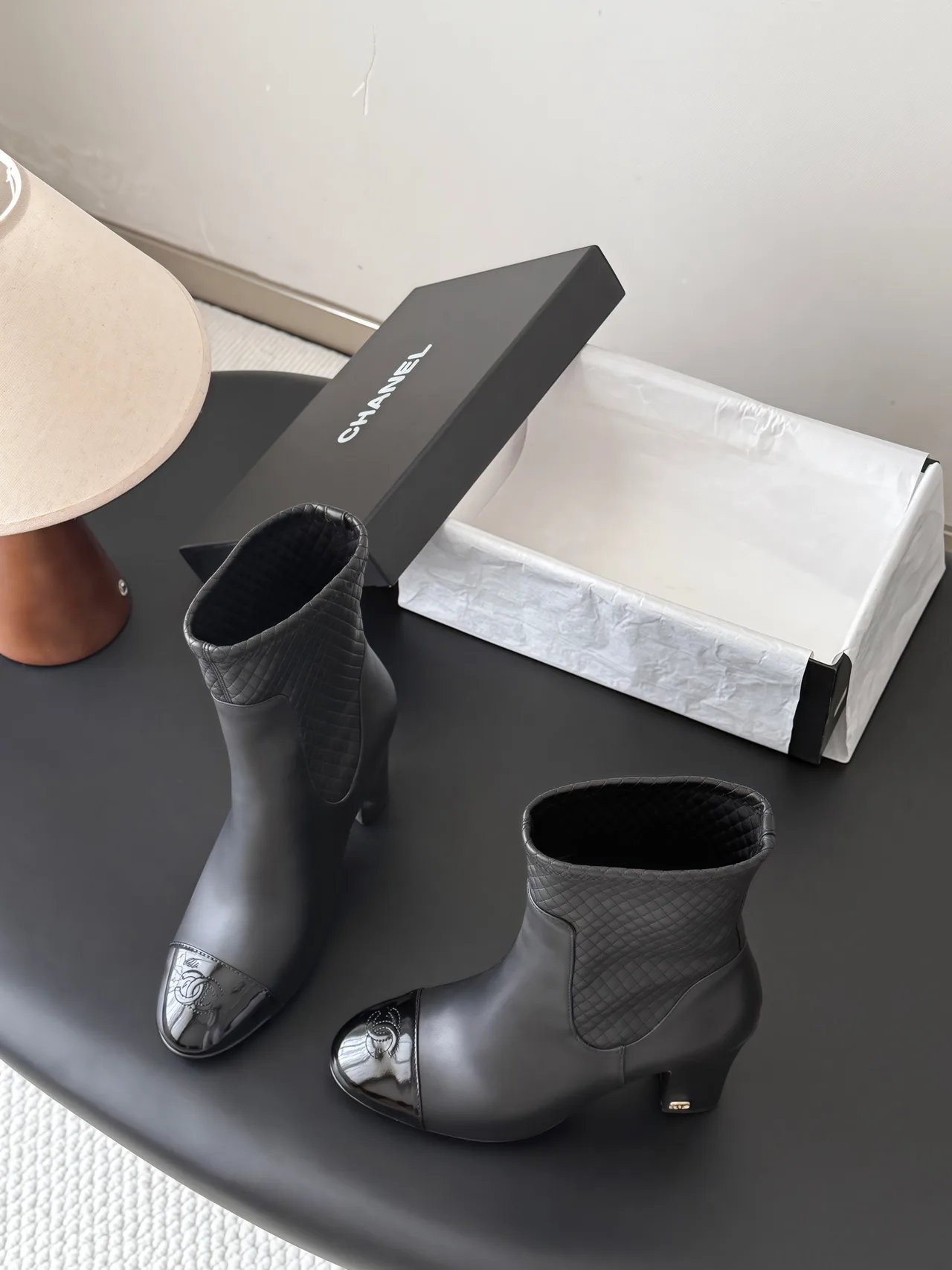 Chanel Cowhide Woven Glossy Pointed-Toe Ankle Boots in Black · view 5