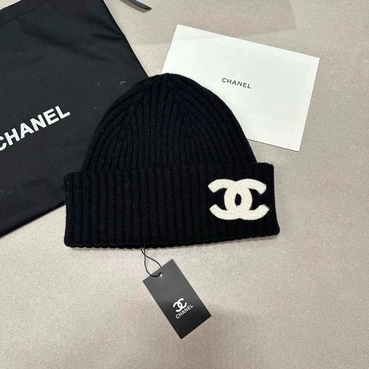 Chanel Knit Beanie in Cream & Black & Blue & Grey · view 2
