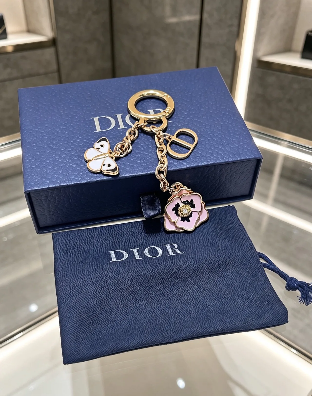 Dior Butterfly and Flower Keychain in Gold · view 4