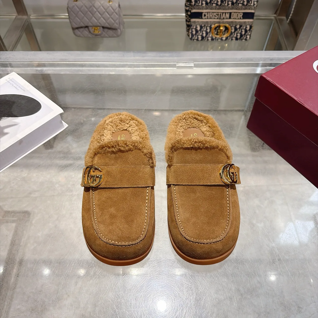 Gucci Cowhide Wool Suede-Look Mules in Tan · view 2