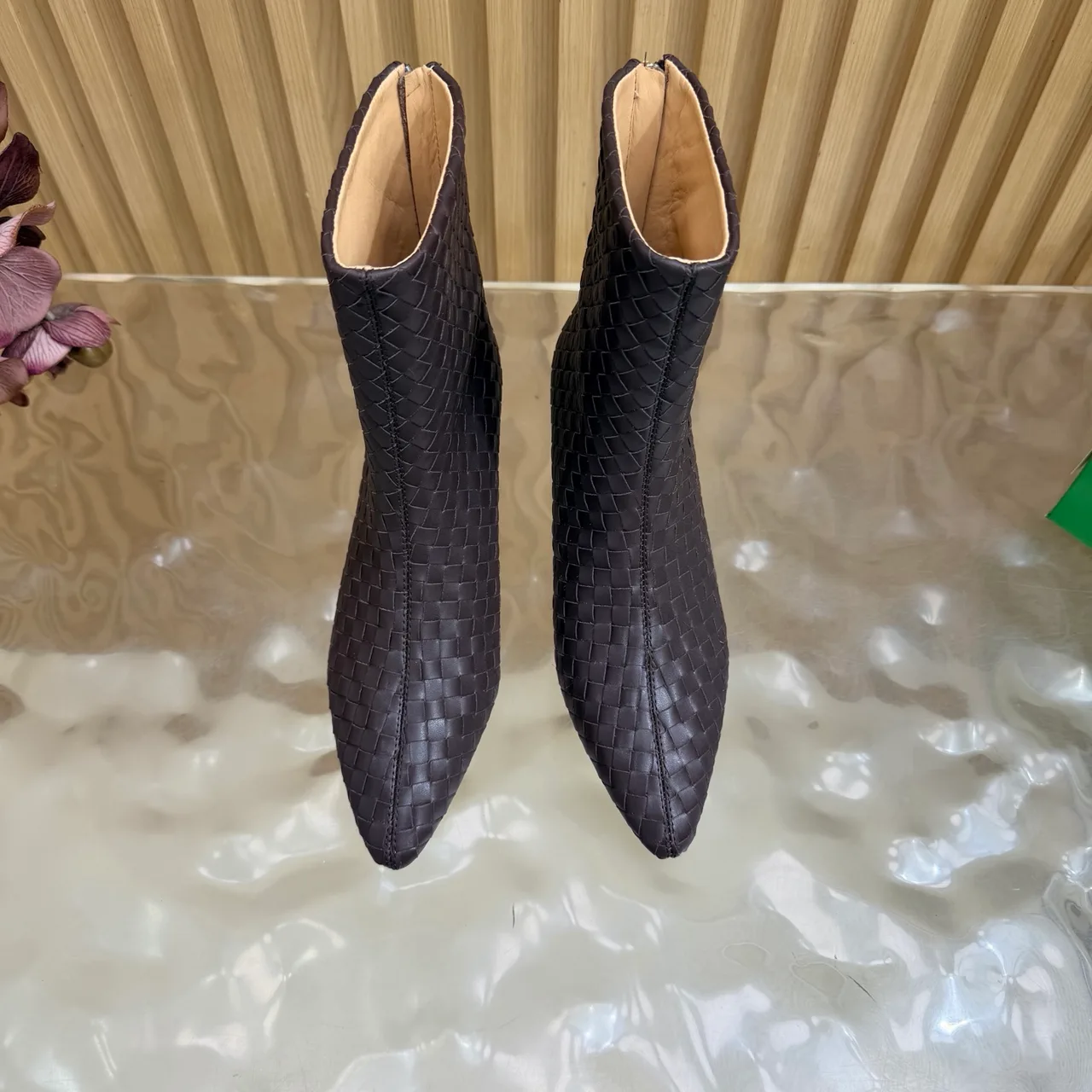 Bottega Veneta Woven Pointed-Toe Ankle Boots in Brown · view 6