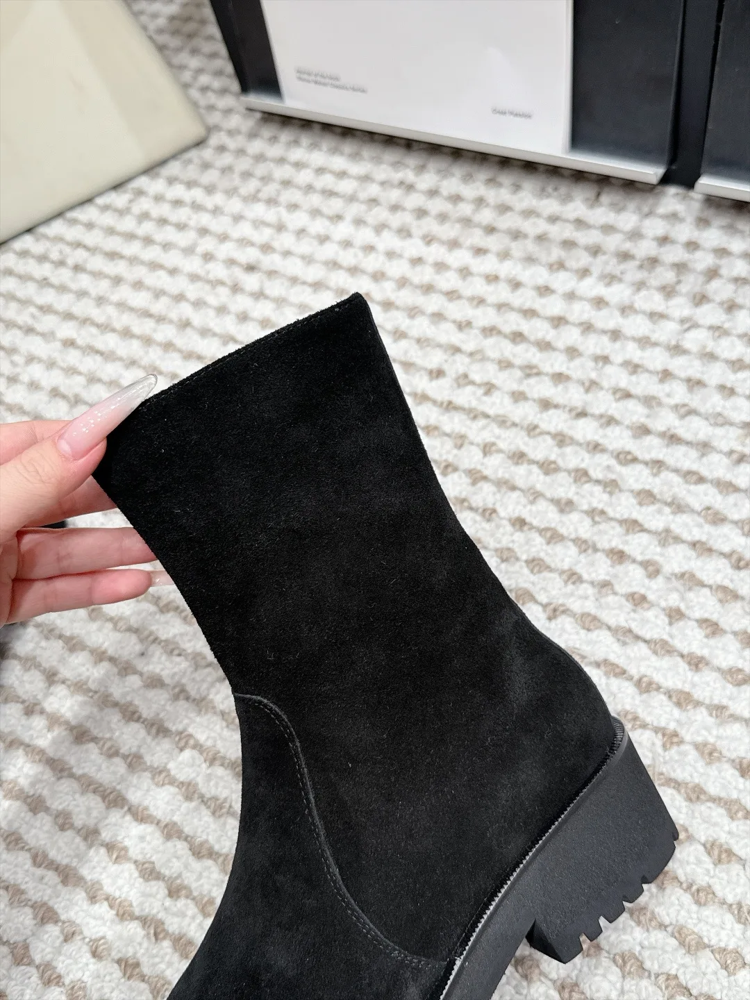 Loewe Cowhide Suede-Look Round-Toe Suede Ankle Boots in Black · view 8