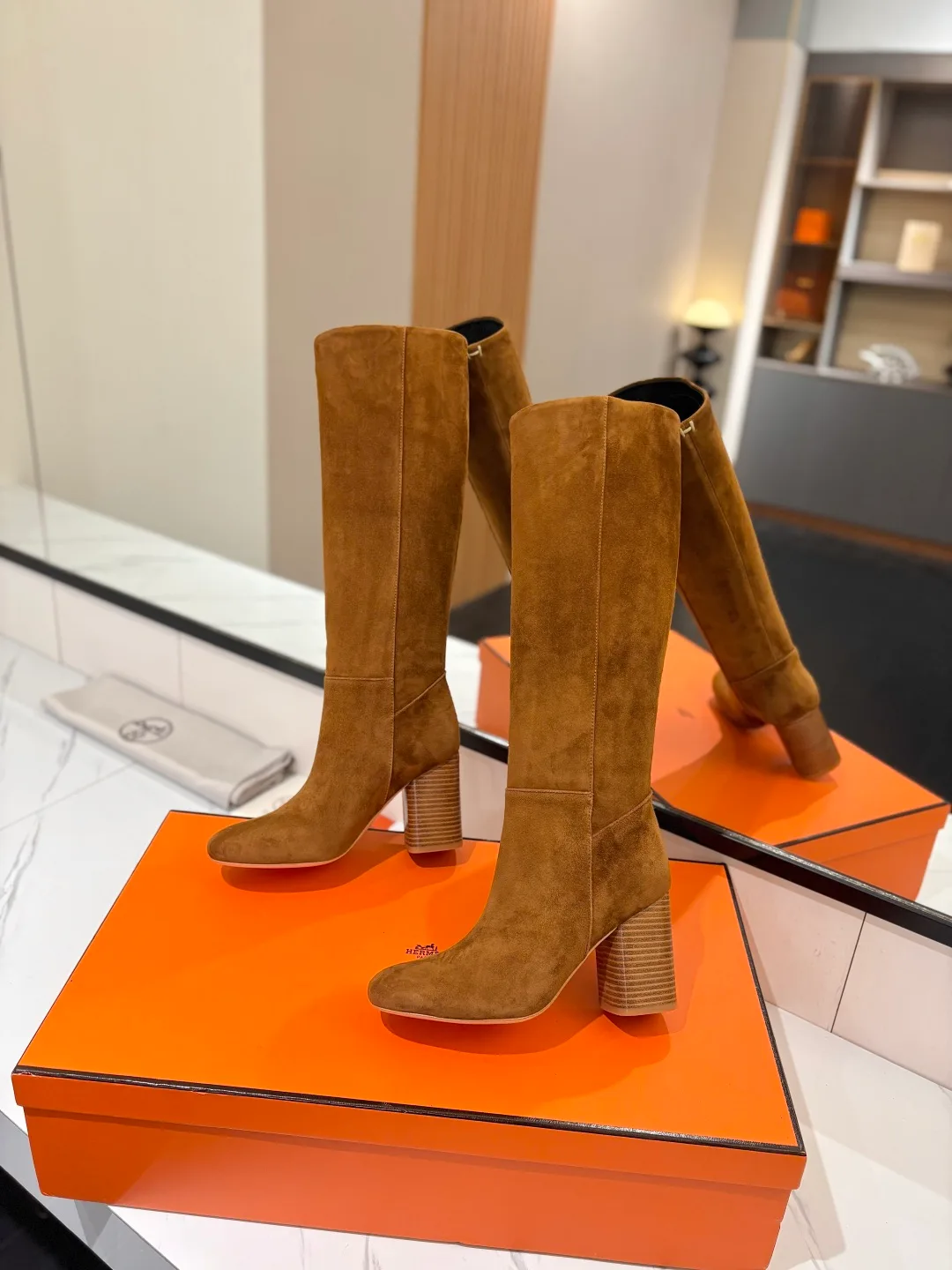 Hermes Cowhide Knee-High Boots in Brown · view 4