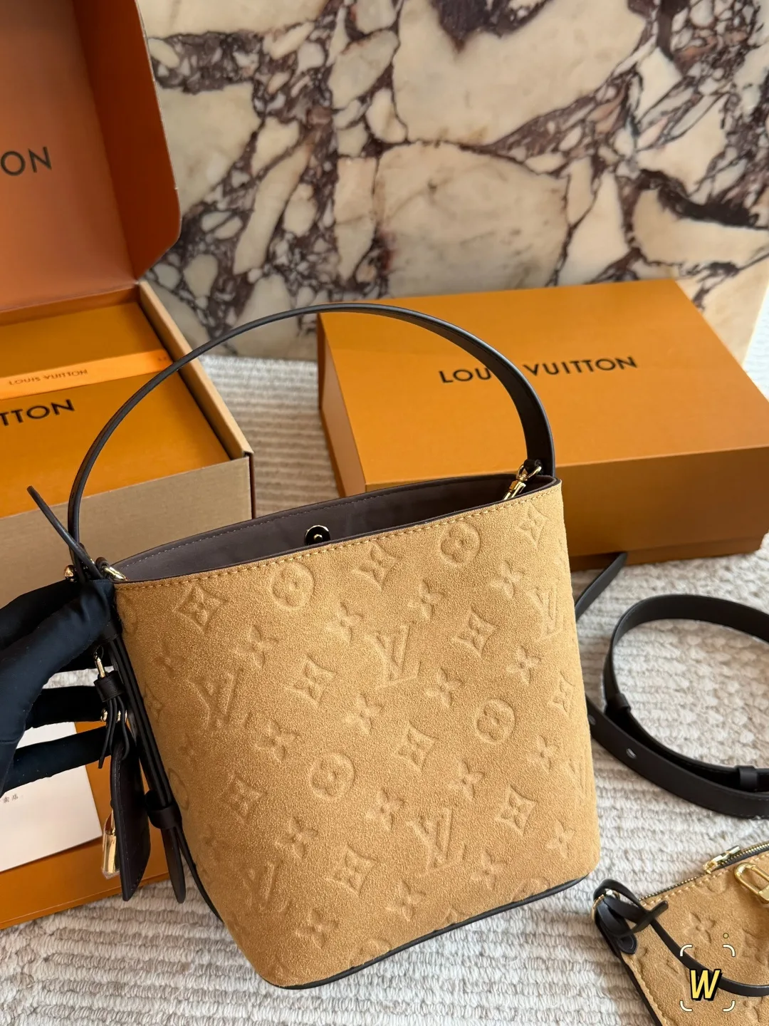 Louis Vuitton Suede Monogram Bucket Bag in Tan · view 3