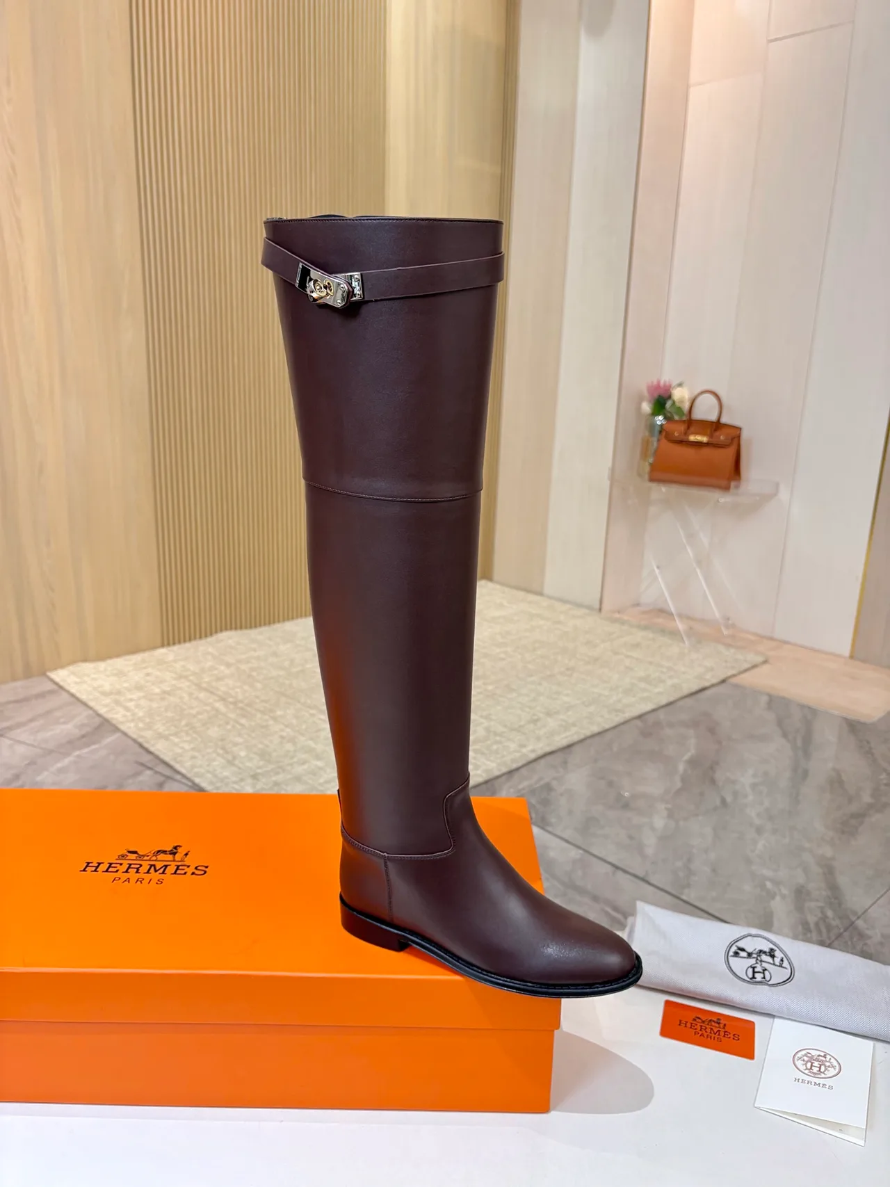 Hermes Cowhide Glossy Pointed-Toe Boots in Brown · view 1