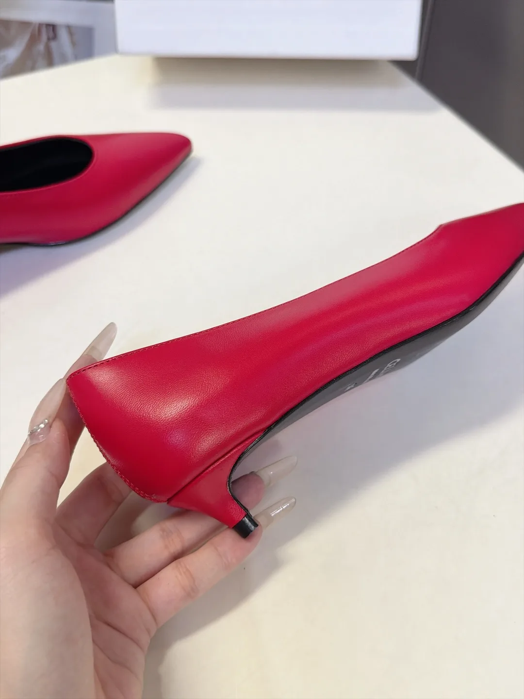 Celine Lambskin Glossy Pointed-Toe Kitten Heel Pumps in Red · view 8