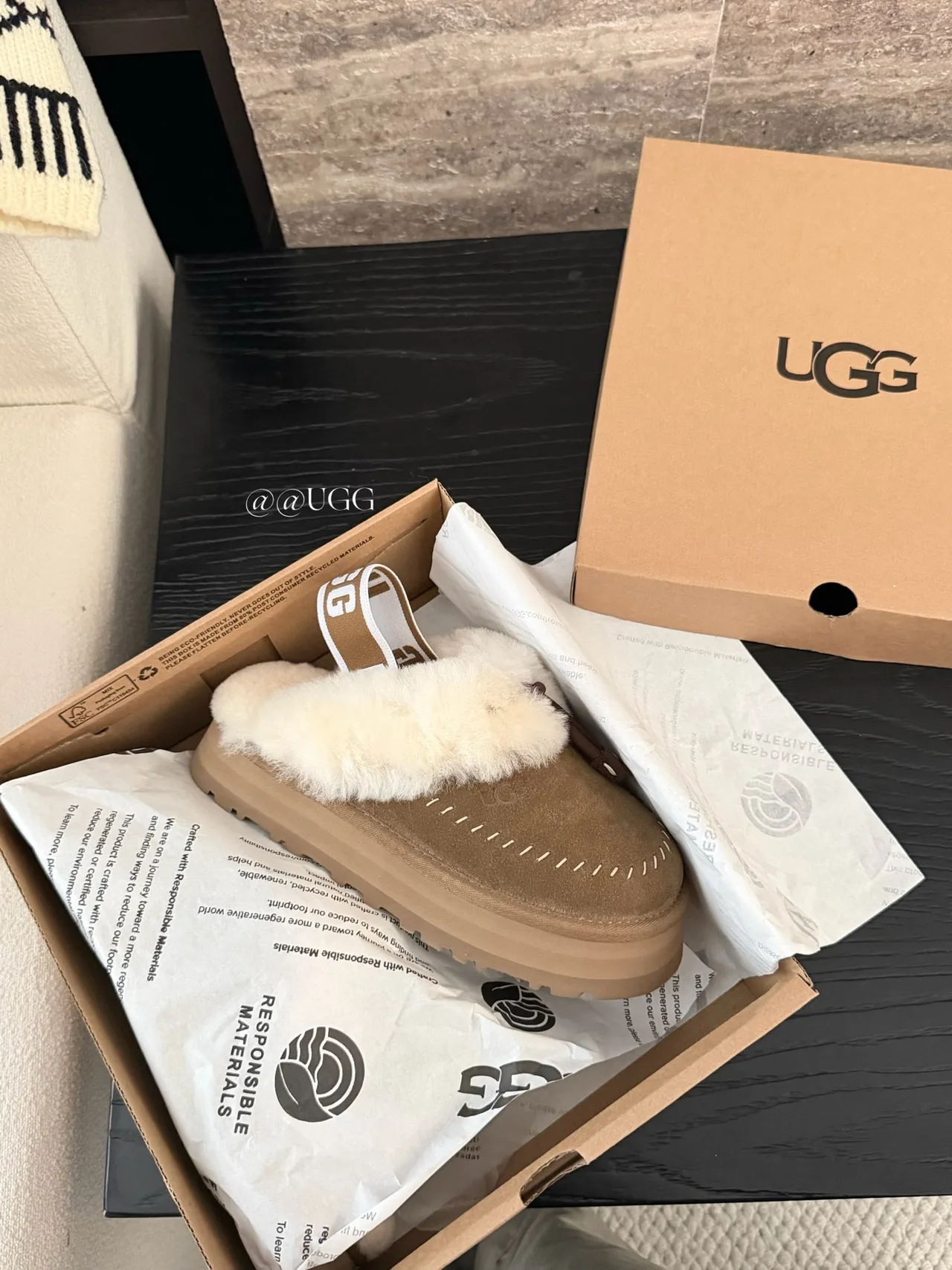 UGG Cowhide Wool Suede-Look Tassel Slippers in Brown · view 6