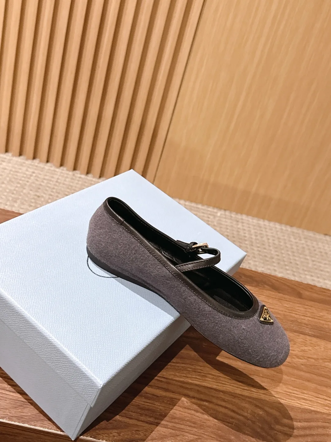 Prada Smooth Round-Toe Mary Jane Flats in Grey · view 5