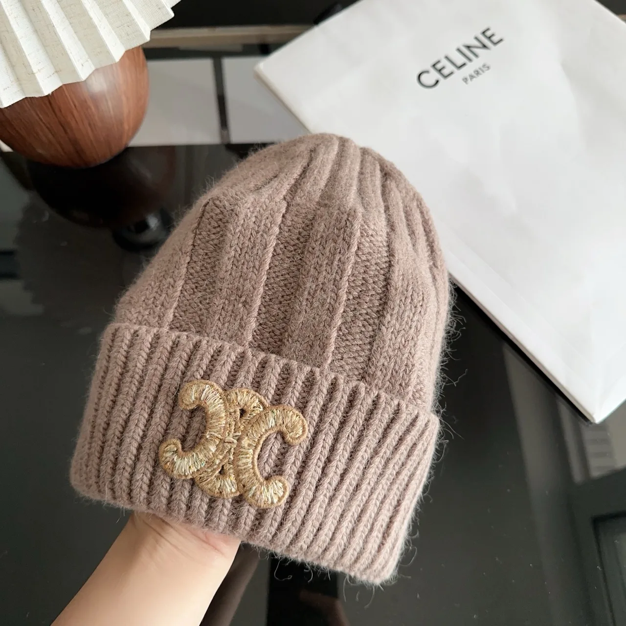 Celine Ribbed Glossy Beanie in Brown · view 3