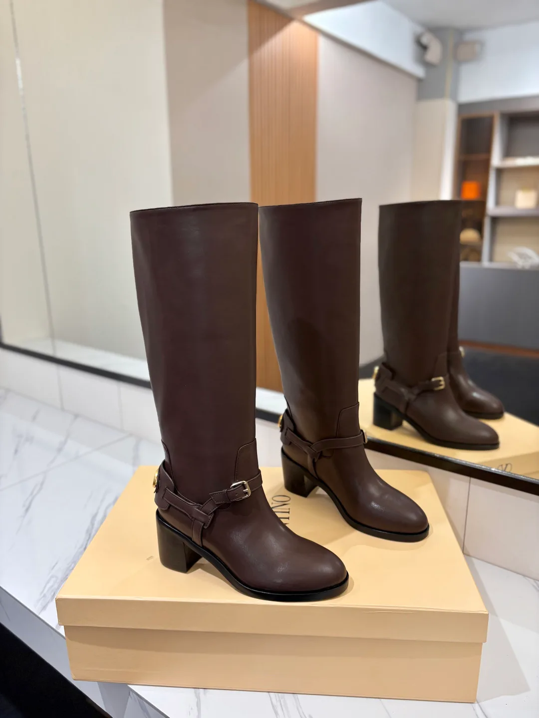 Valentino Calfskin VLOGO Knee-High Boots in Brown · view 1