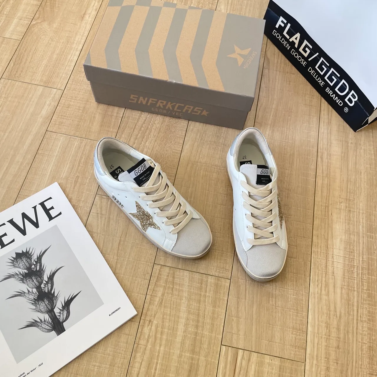 Golden Goose Calfskin Crystal Star Sneakers in White · view 6