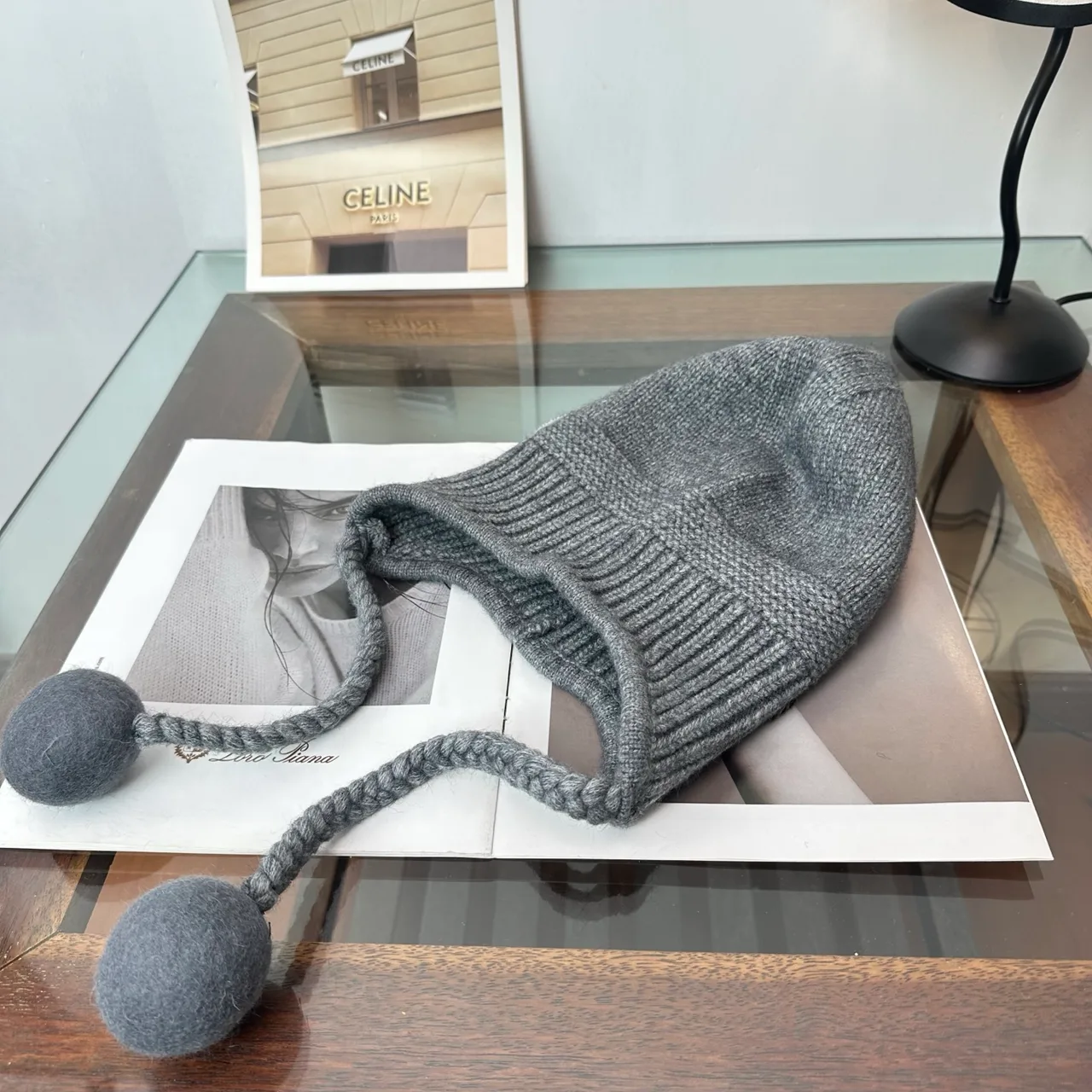 Miu Miu Earflap Beanie in Cream & Grey & Black · view 8