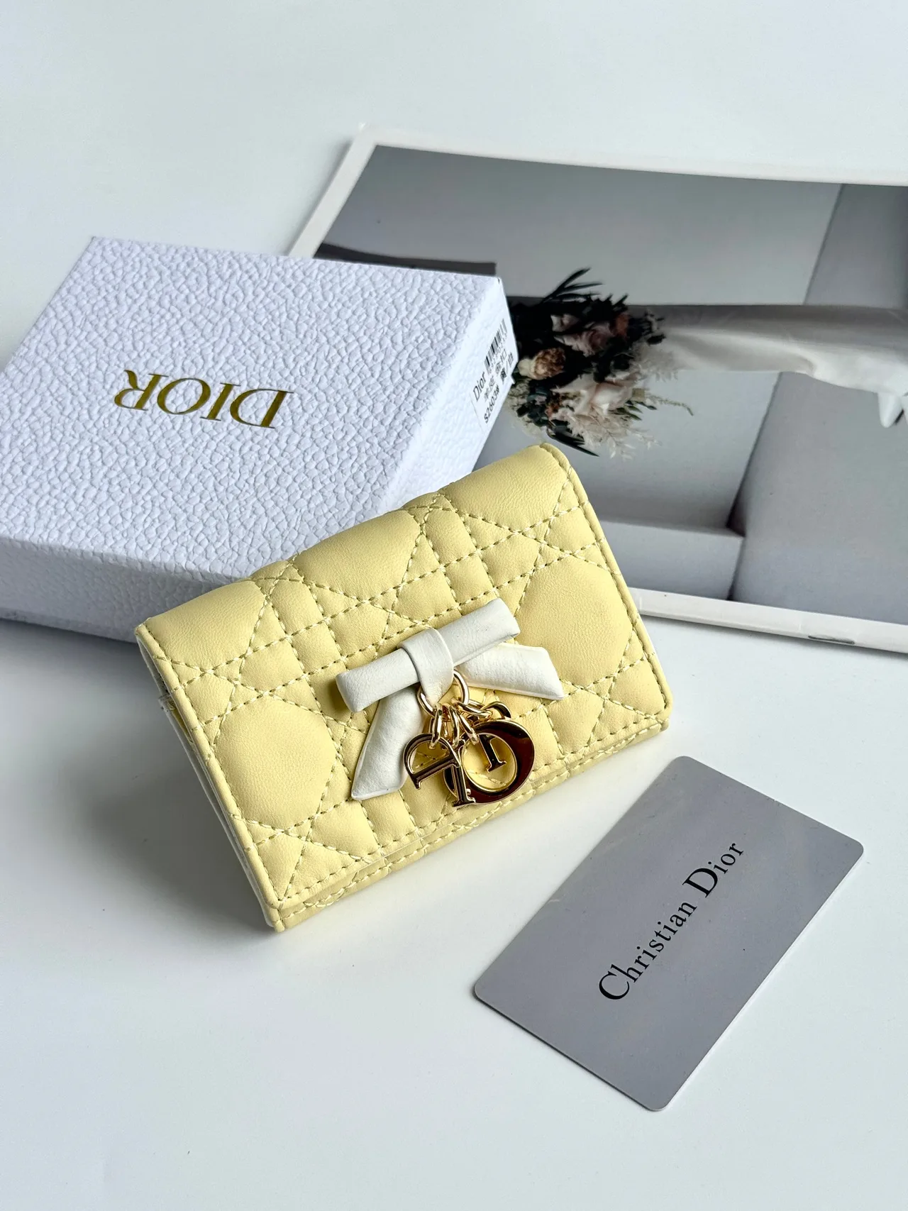 Dior Calfskin Quilted Glossy Wallet in Yellow · view 1