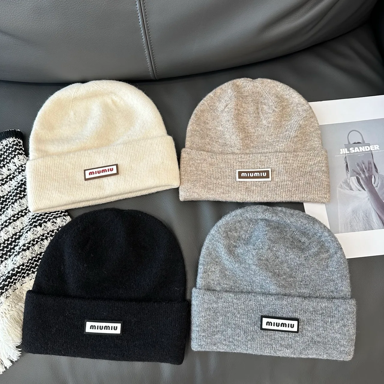 Miu Miu Hat Scarf and Gloves Set in White & Black & Grey & Beige · view 6